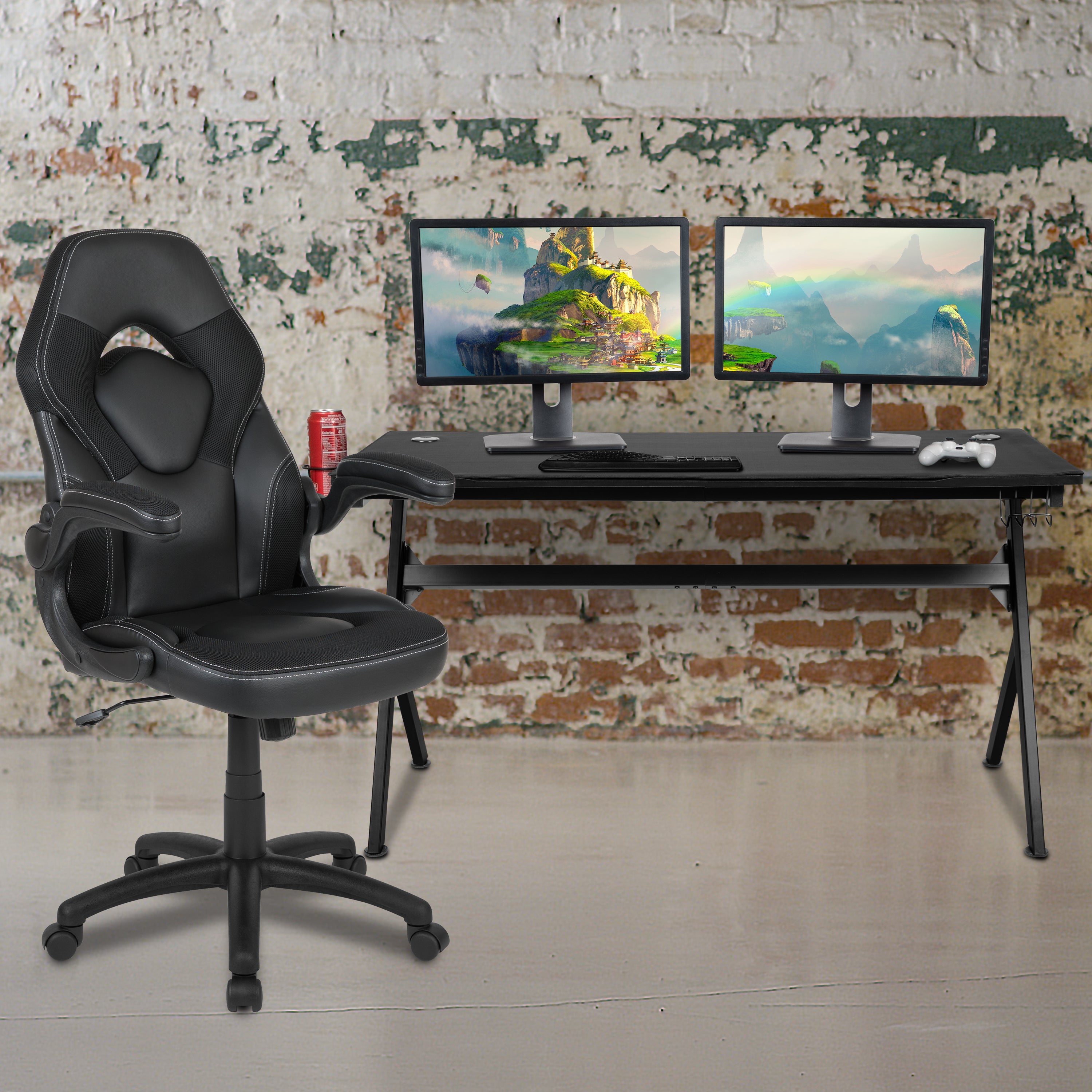 Optis Gaming Desk and Black Racing Chair Set /Cup Holder/Headphone Hook/Removable Mouse Pad Top - 2 Wire Management Holes