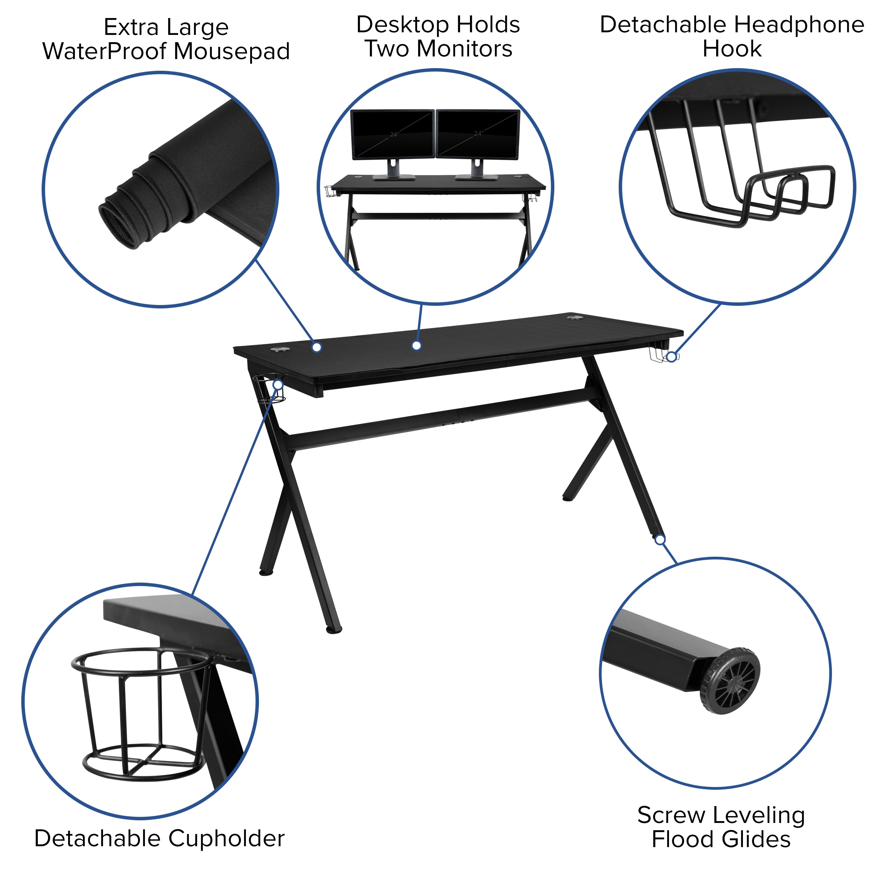 Optis Gaming Desk and Black Racing Chair Set /Cup Holder/Headphone Hook/Removable Mouse Pad Top - 2 Wire Management Holes