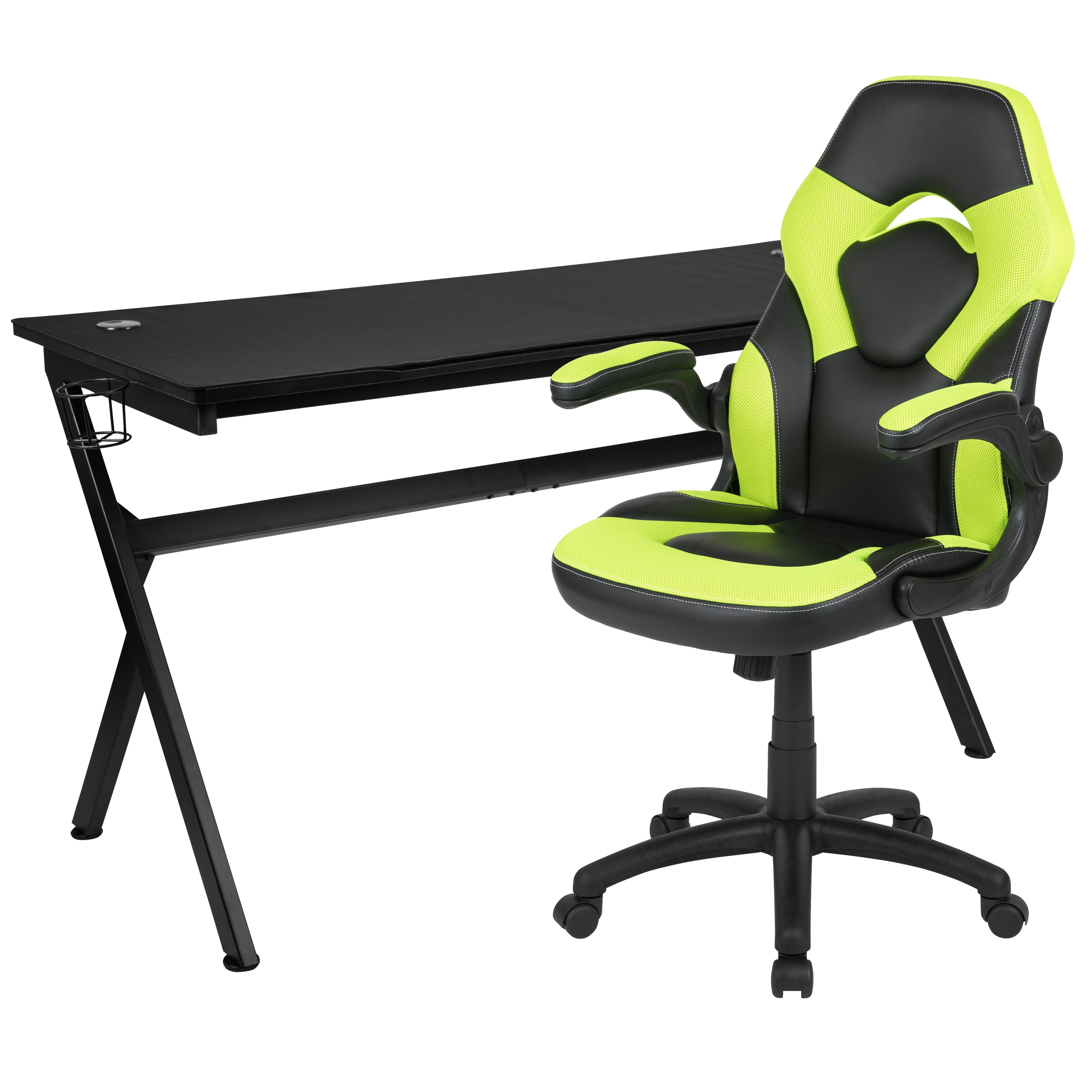 Optis Gaming Desk and Green/Black Racing Chair Set /Cup Holder/Headphone Hook/Removable Mouse Pad Top - 2 Wire Management Holes