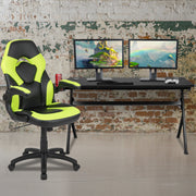 Optis Gaming Desk and Green/Black Racing Chair Set /Cup Holder/Headphone Hook/Removable Mouse Pad Top - 2 Wire Management Holes