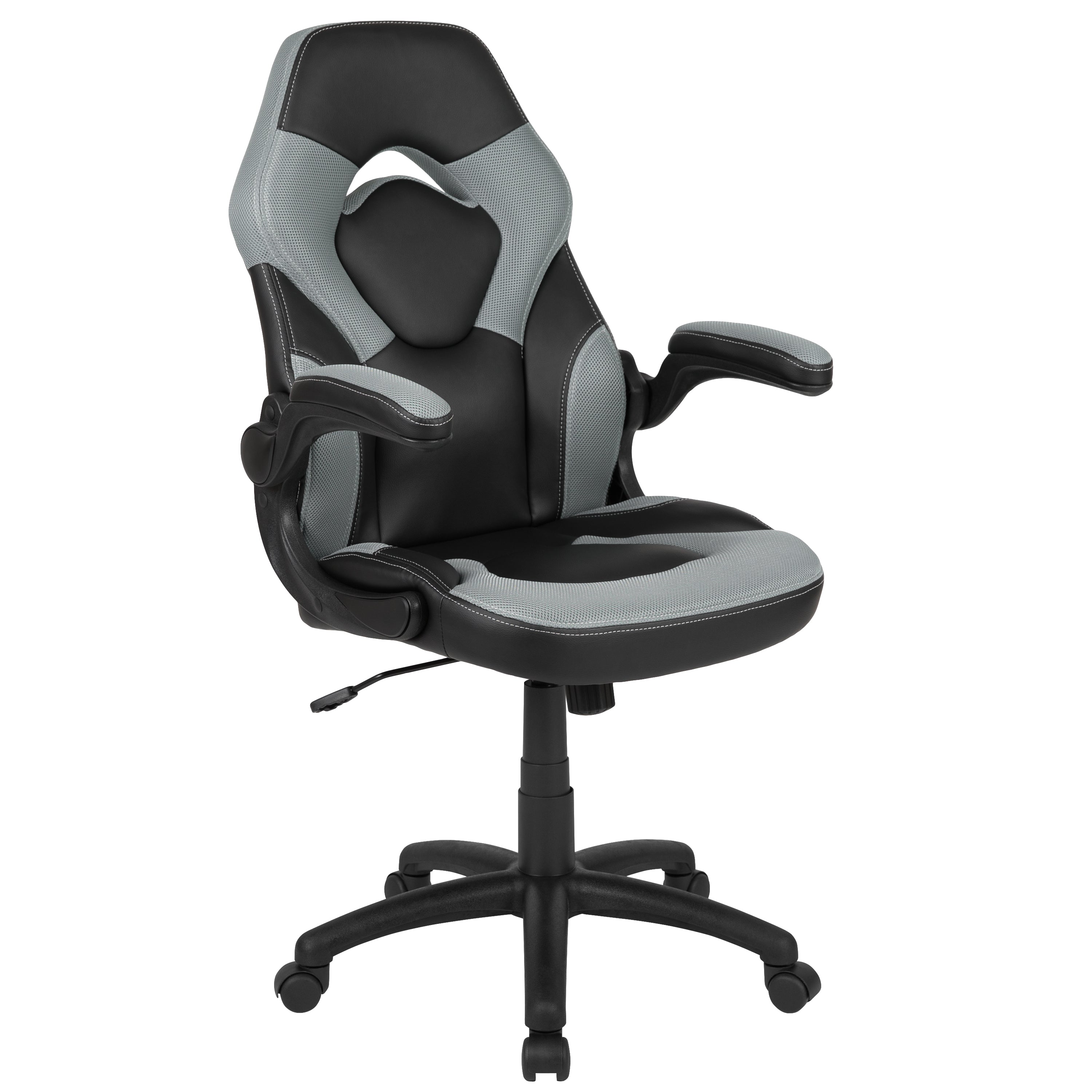 Optis Gaming Desk and Gray/Black Racing Chair Set /Cup Holder/Headphone Hook/Removable Mouse Pad Top - 2 Wire Management Holes