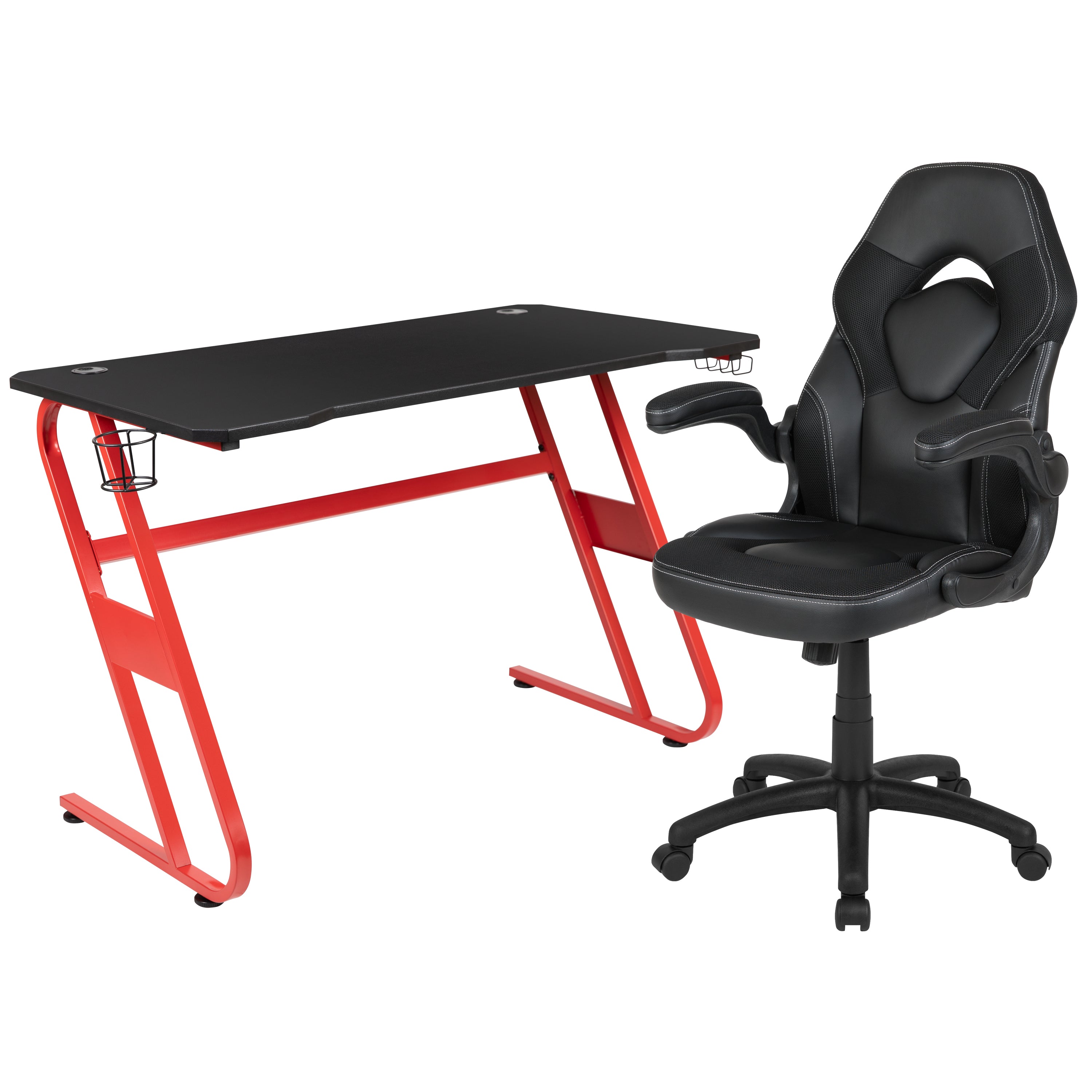 Optis Red Gaming Desk and Black Racing Chair Set with Cup Holder and Headphone Hook
