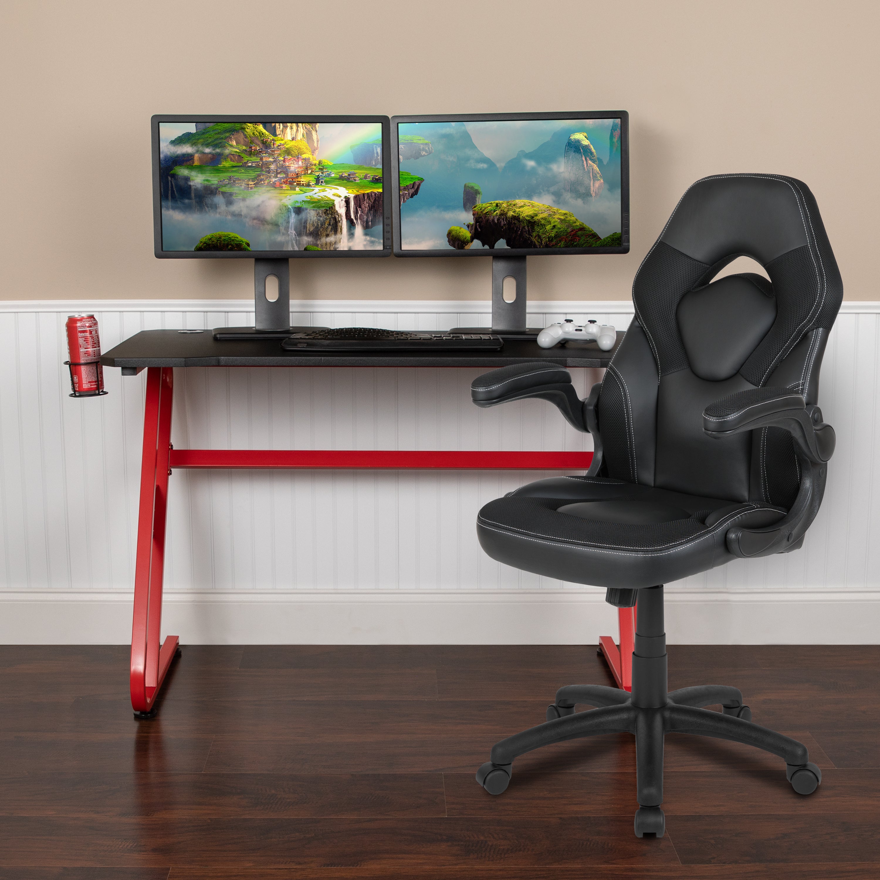 Optis Red Gaming Desk and Black Racing Chair Set with Cup Holder and Headphone Hook