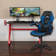 Optis Red Gaming Desk and Blue/Black Racing Chair Set with Cup Holder and Headphone Hook