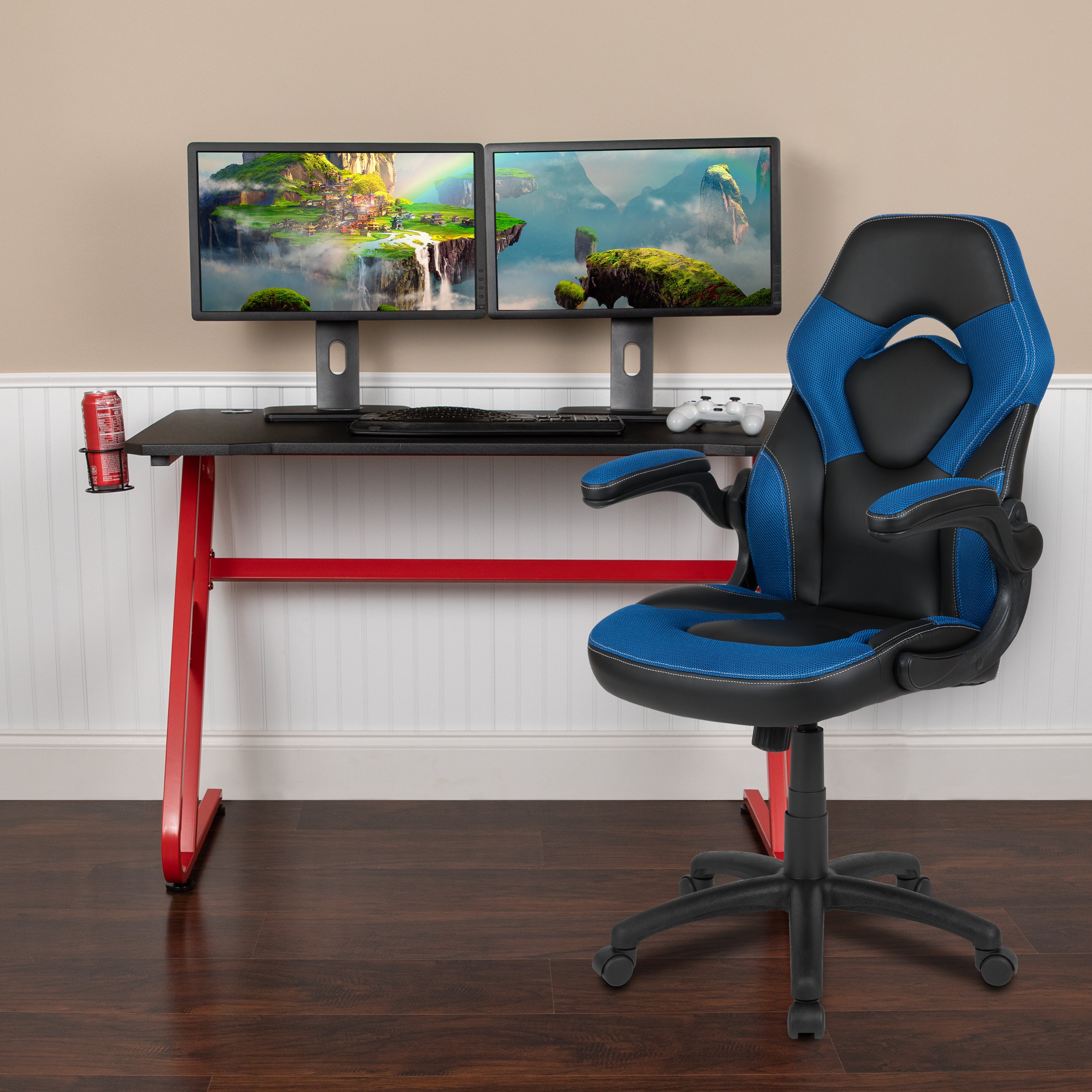 Optis Red Gaming Desk and Blue/Black Racing Chair Set with Cup Holder and Headphone Hook