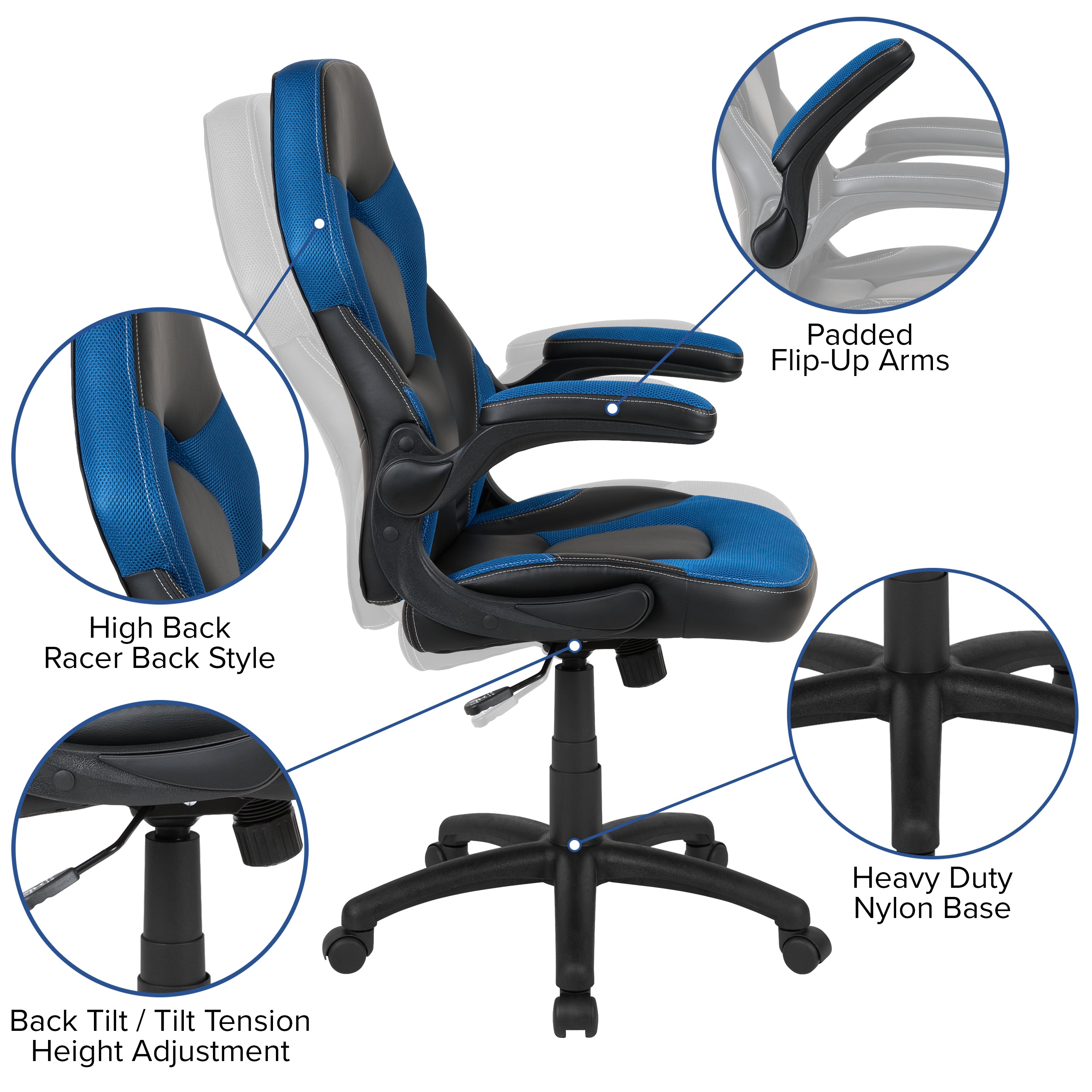 Optis Red Gaming Desk and Blue/Black Racing Chair Set with Cup Holder and Headphone Hook