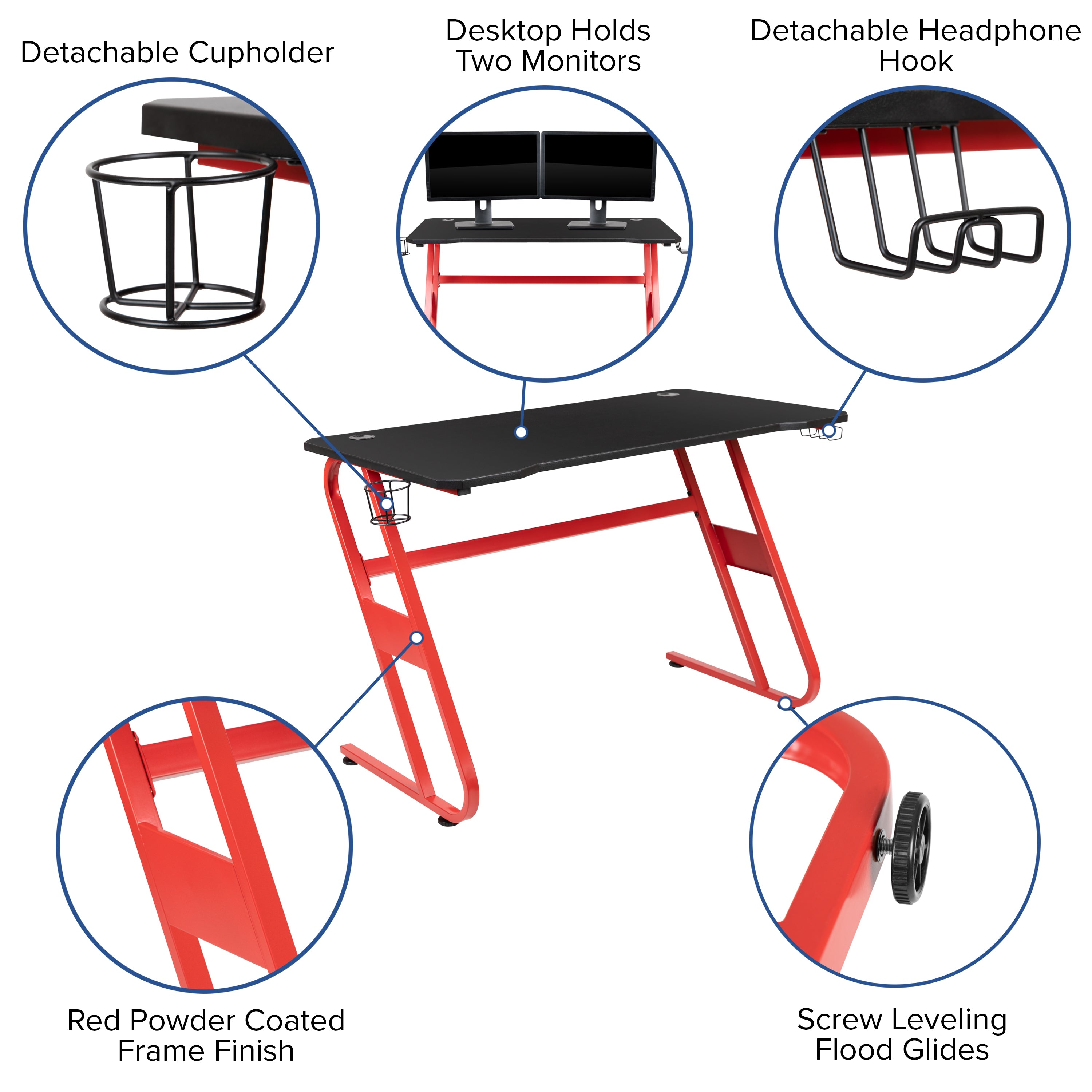 Optis Red Gaming Desk and Blue/Black Racing Chair Set with Cup Holder and Headphone Hook