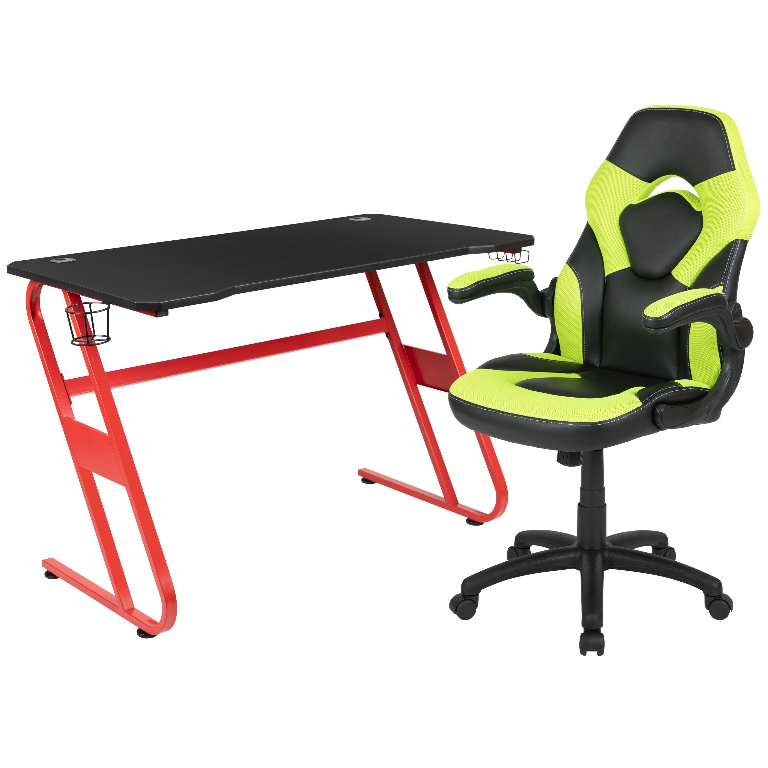 Optis Red Gaming Desk and Green/Black Racing Chair Set with Cup Holder and Headphone Hook