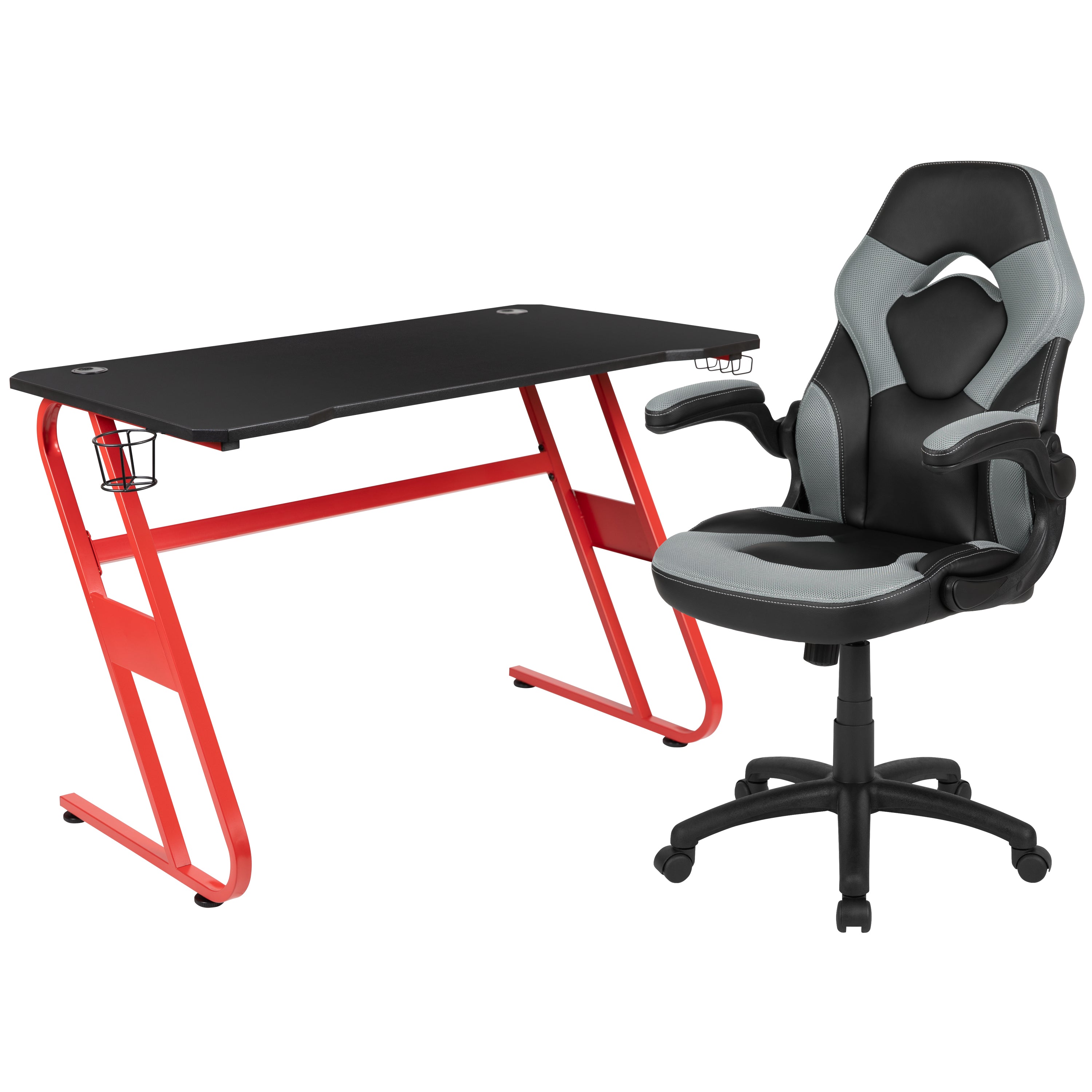 Optis Red Gaming Desk and Gray/Black Racing Chair Set with Cup Holder and Headphone Hook