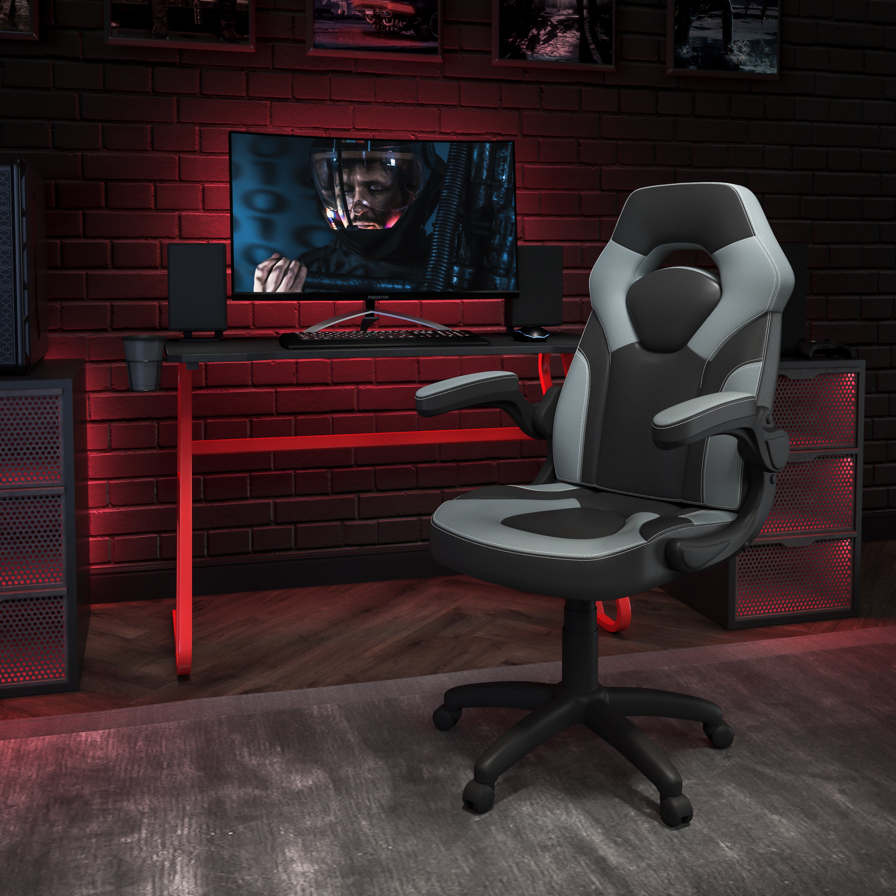 Optis Red Gaming Desk and Gray/Black Racing Chair Set with Cup Holder and Headphone Hook