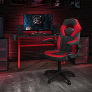 Optis Red Gaming Desk and Red/Black Racing Chair Set with Cup Holder and Headphone Hook