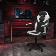 Optis Red Gaming Desk and White/Black Racing Chair Set with Cup Holder and Headphone Hook