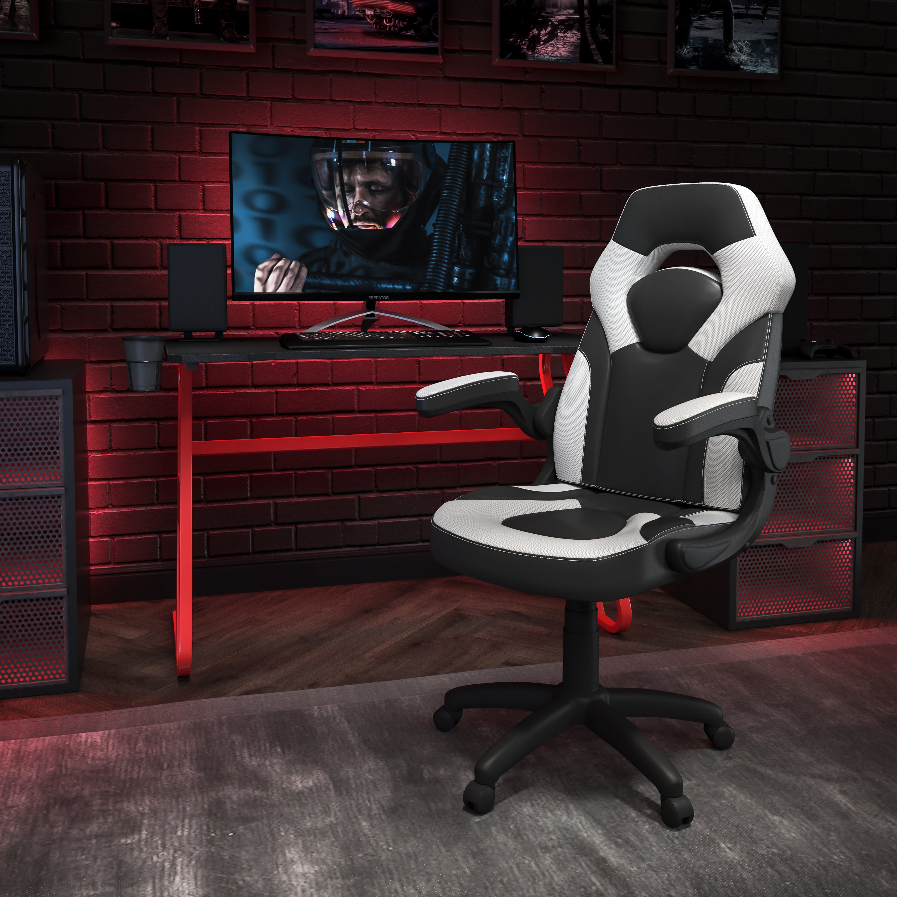 Optis Red Gaming Desk and White/Black Racing Chair Set with Cup Holder and Headphone Hook