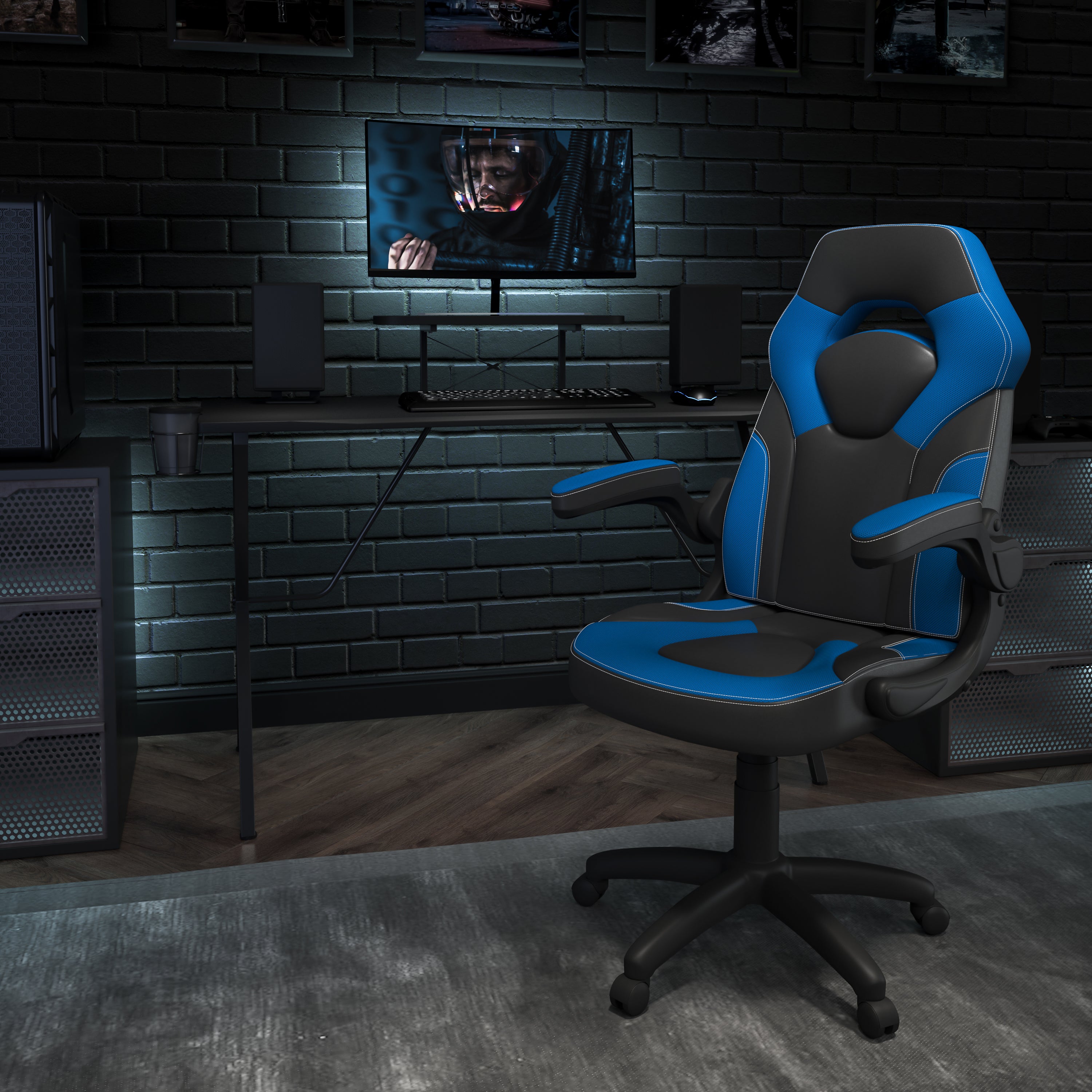 Optis Black Gaming Desk and Blue/Black Racing Chair Set with Cup Holder, Headphone Hook, and Monitor/Smartphone Stand