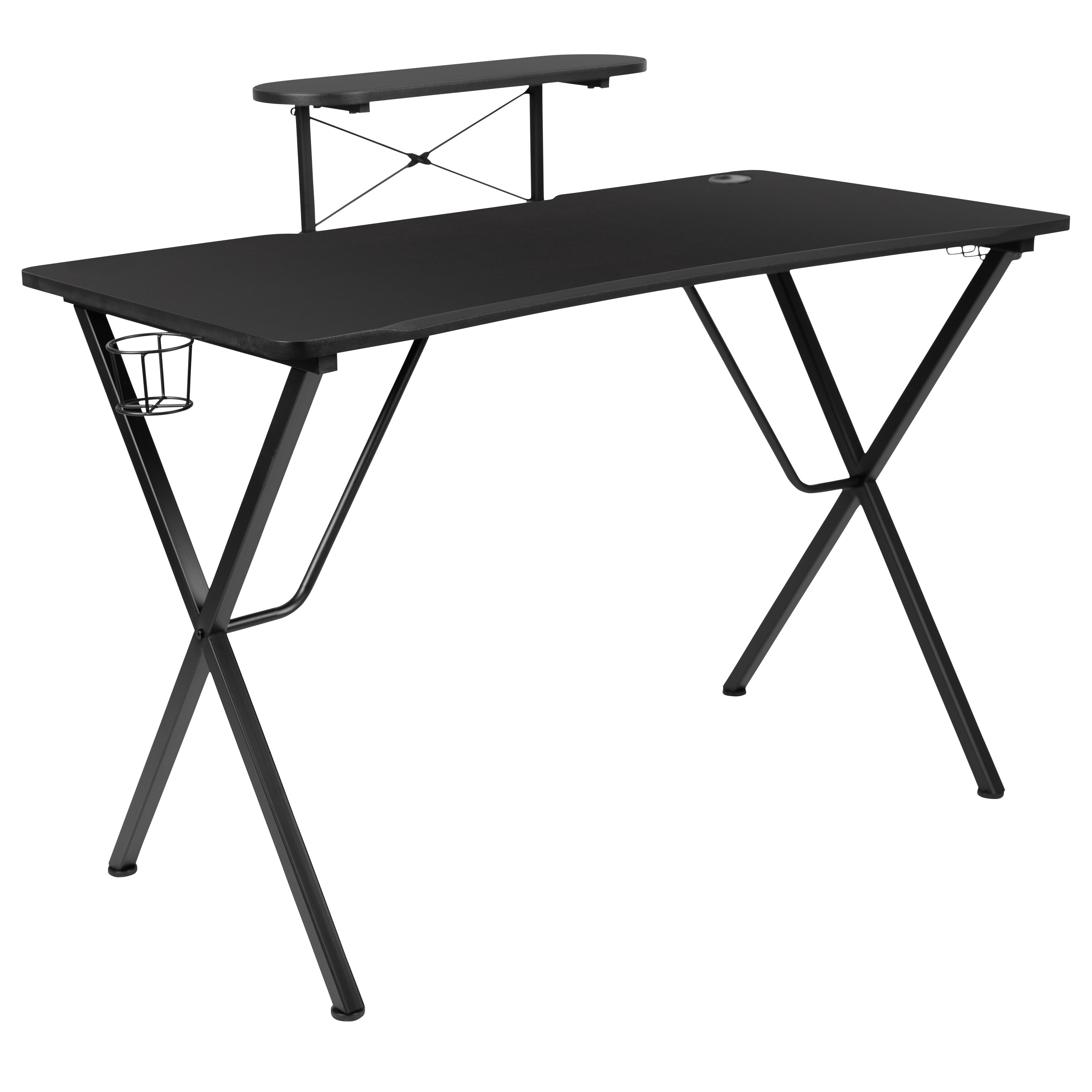 Optis Black Gaming Desk and Blue/Black Racing Chair Set with Cup Holder, Headphone Hook, and Monitor/Smartphone Stand