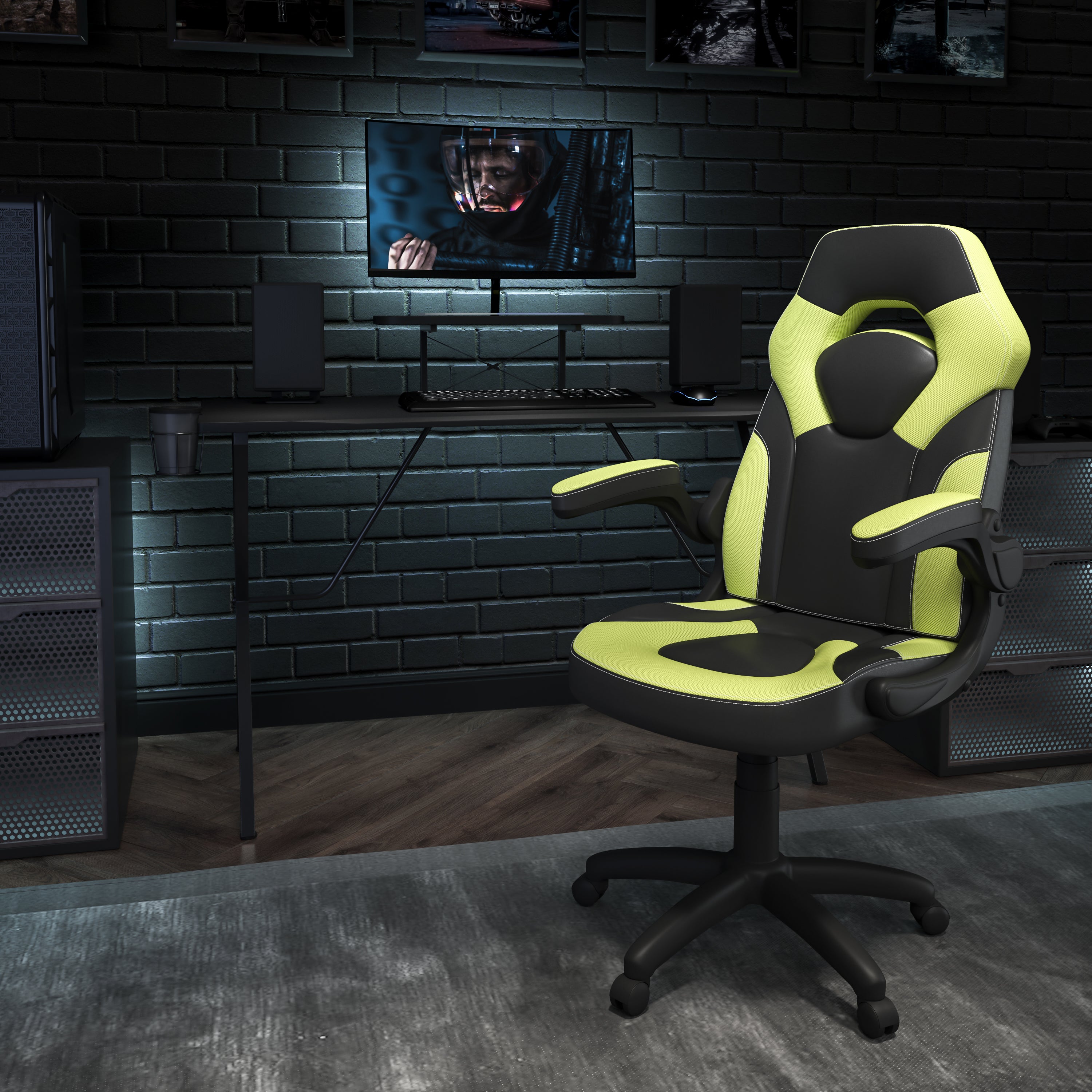 Optis Black Gaming Desk and Green/Black Racing Chair Set with Cup Holder, Headphone Hook, and Monitor/Smartphone Stand