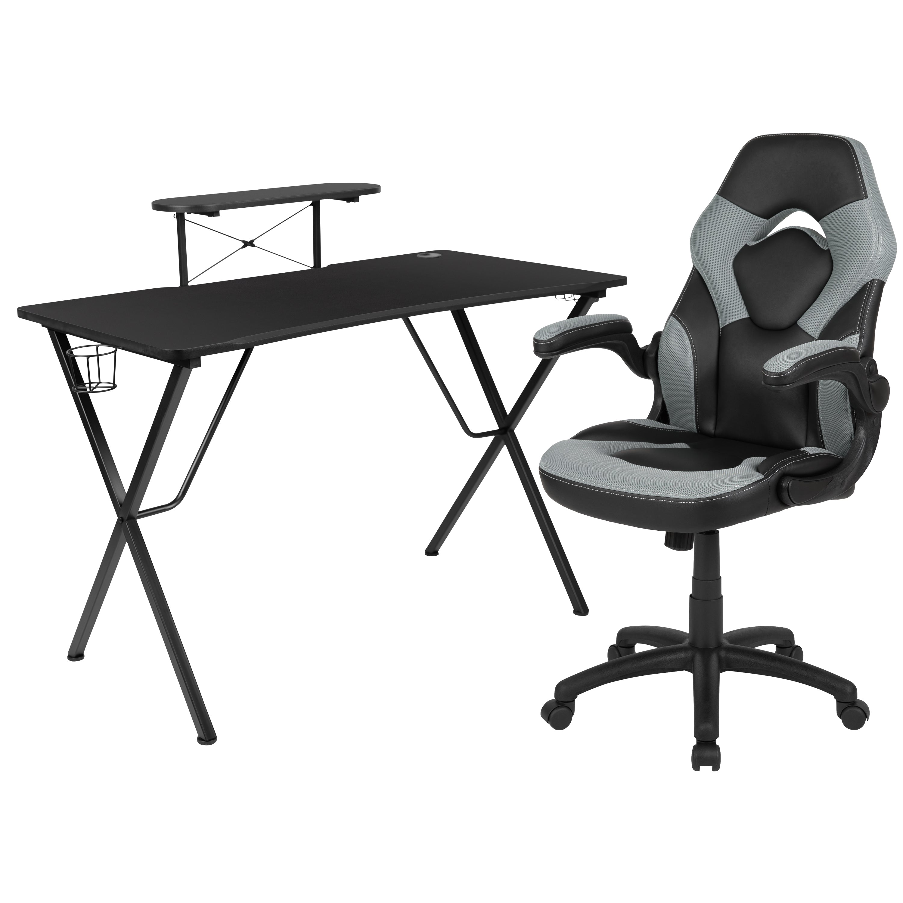 Optis Black Gaming Desk and Gray/Black Racing Chair Set with Cup Holder, Headphone Hook, and Monitor/Smartphone Stand