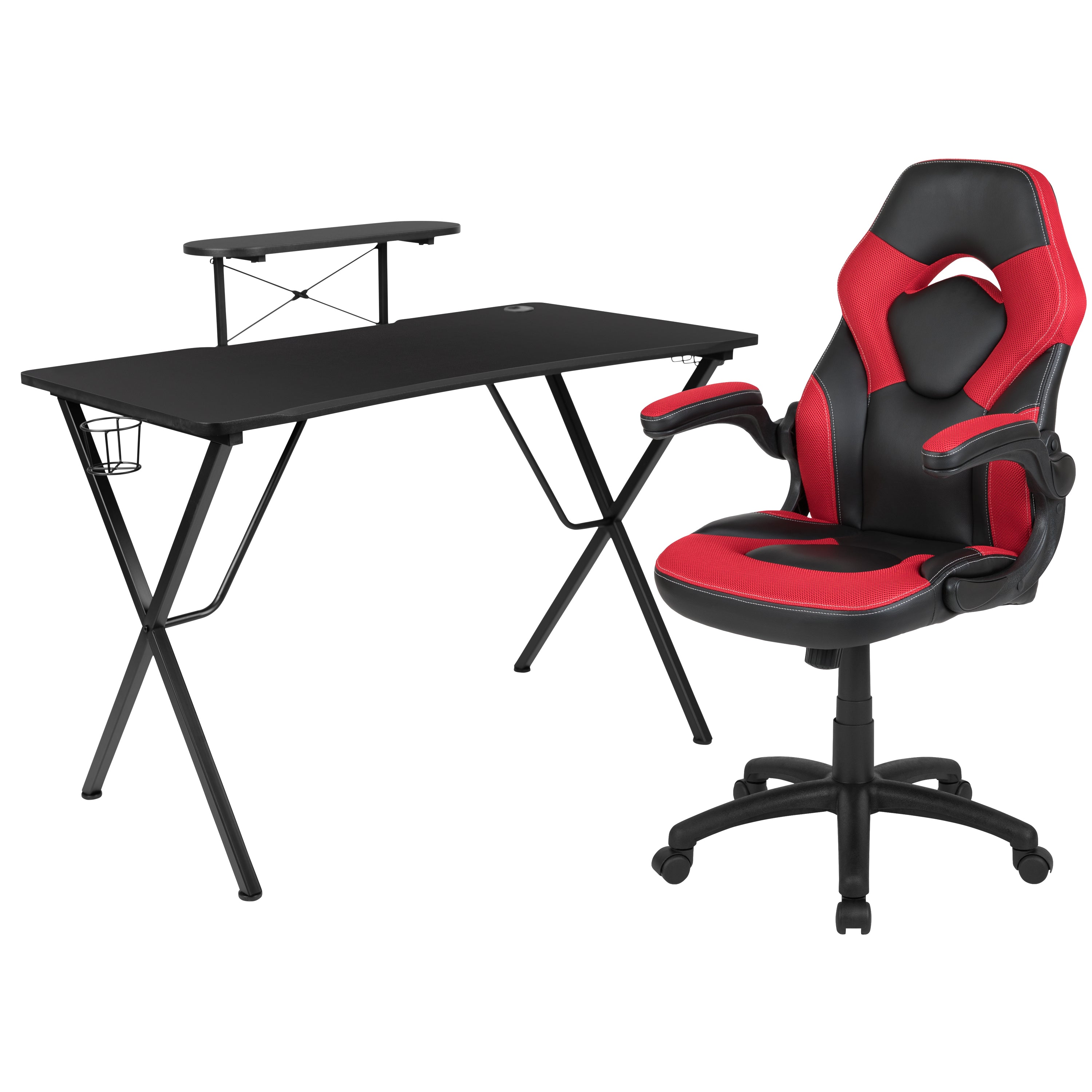 Optis Black Gaming Desk and Red/Black Racing Chair Set with Cup Holder, Headphone Hook, and Monitor/Smartphone Stand