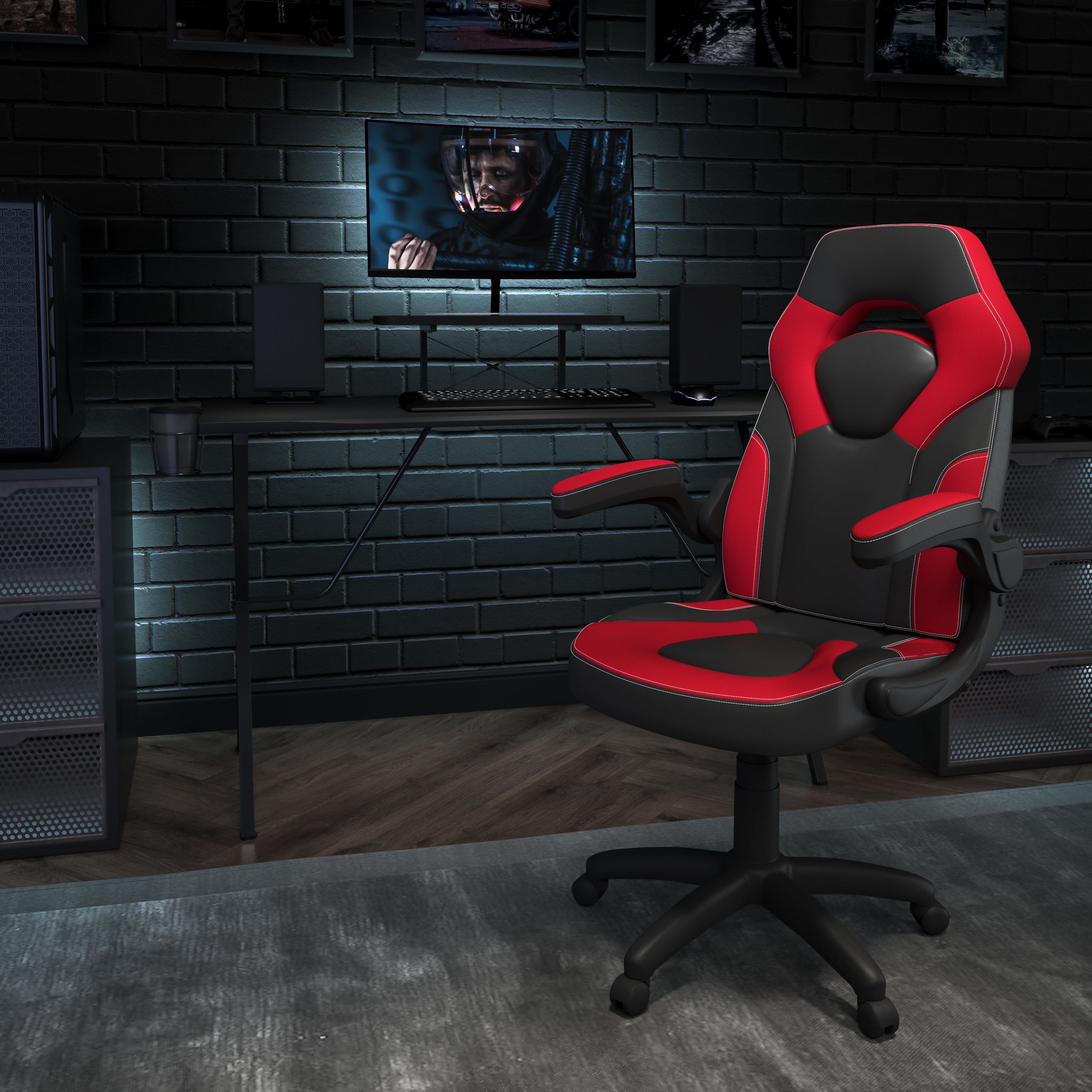 Optis Black Gaming Desk and Red/Black Racing Chair Set with Cup Holder, Headphone Hook, and Monitor/Smartphone Stand