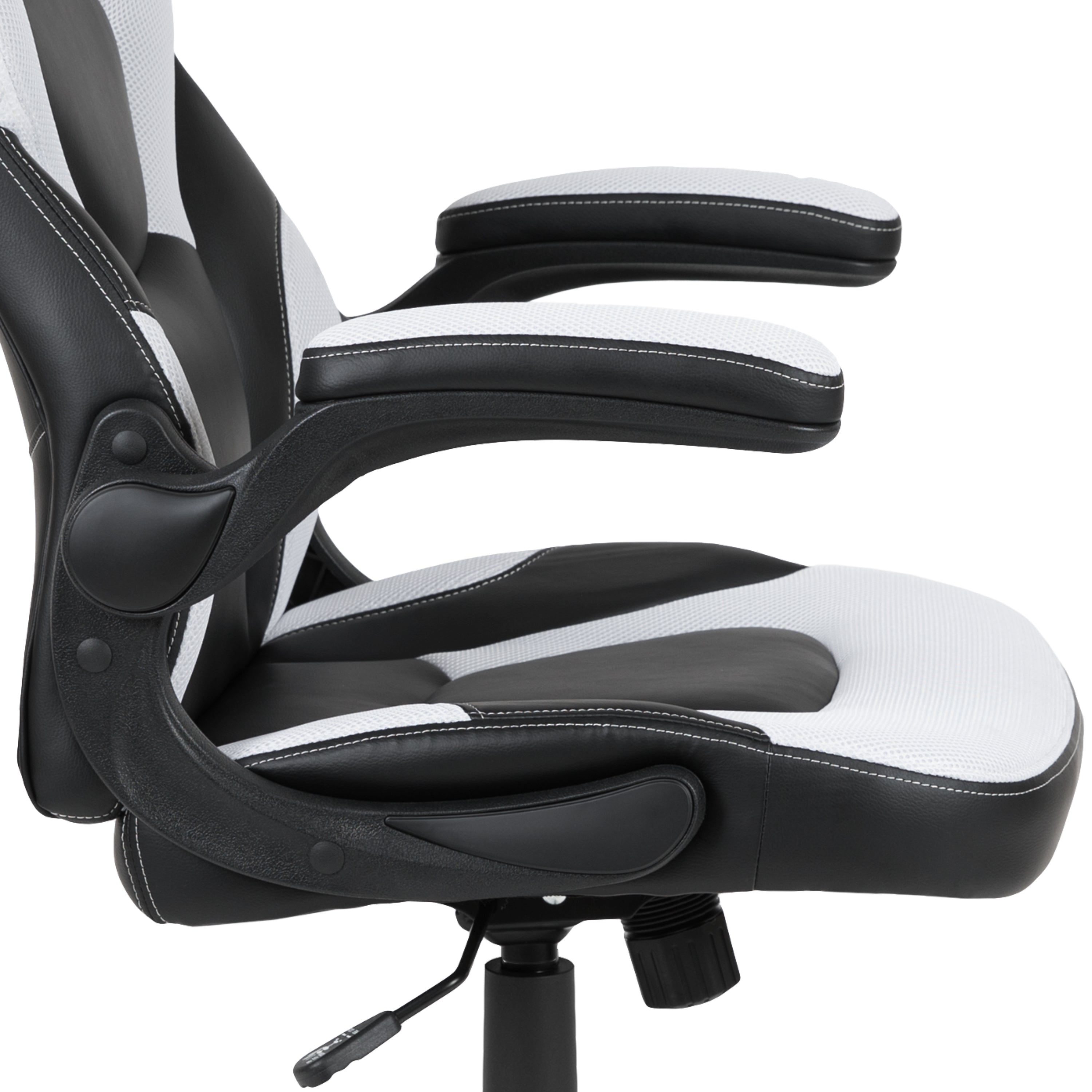 Optis Black Gaming Desk and White/Black Racing Chair Set with Cup Holder, Headphone Hook, and Monitor/Smartphone Stand