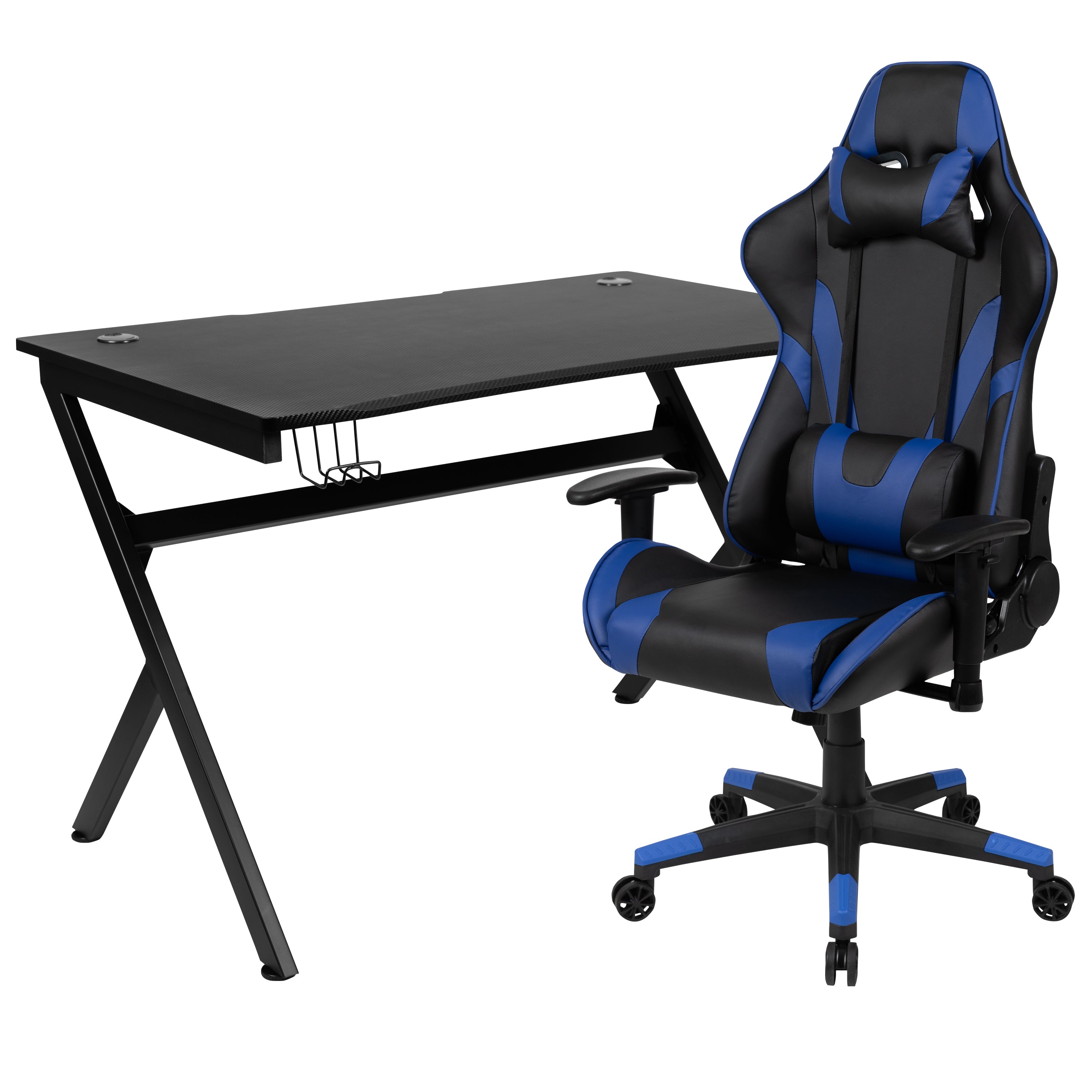 Optis Black Gaming Desk and Blue/Black Reclining Gaming Chair Set with Cup Holder, Headphone Hook & 2 Wire Management Holes