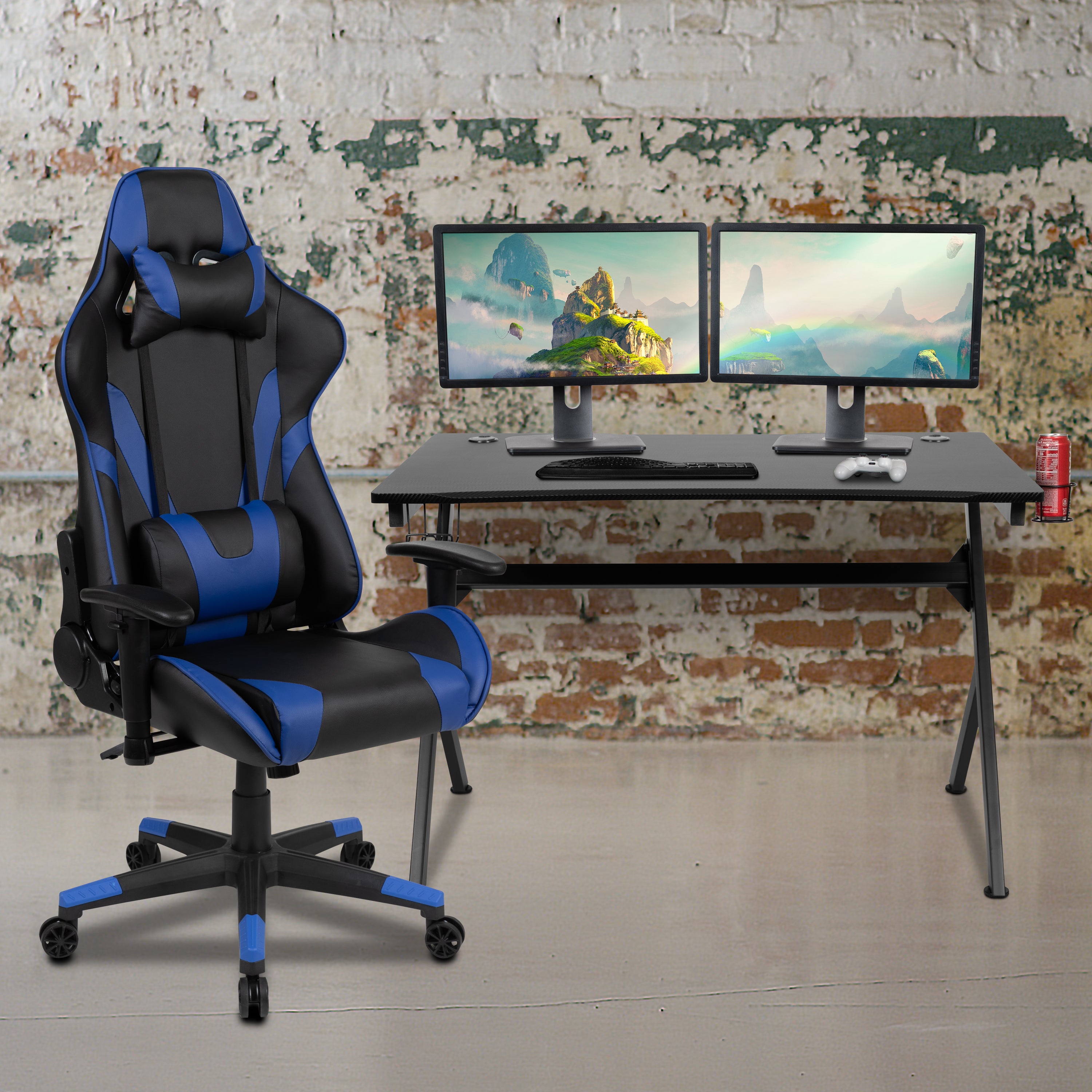 Optis Black Gaming Desk and Blue/Black Reclining Gaming Chair Set with Cup Holder, Headphone Hook & 2 Wire Management Holes