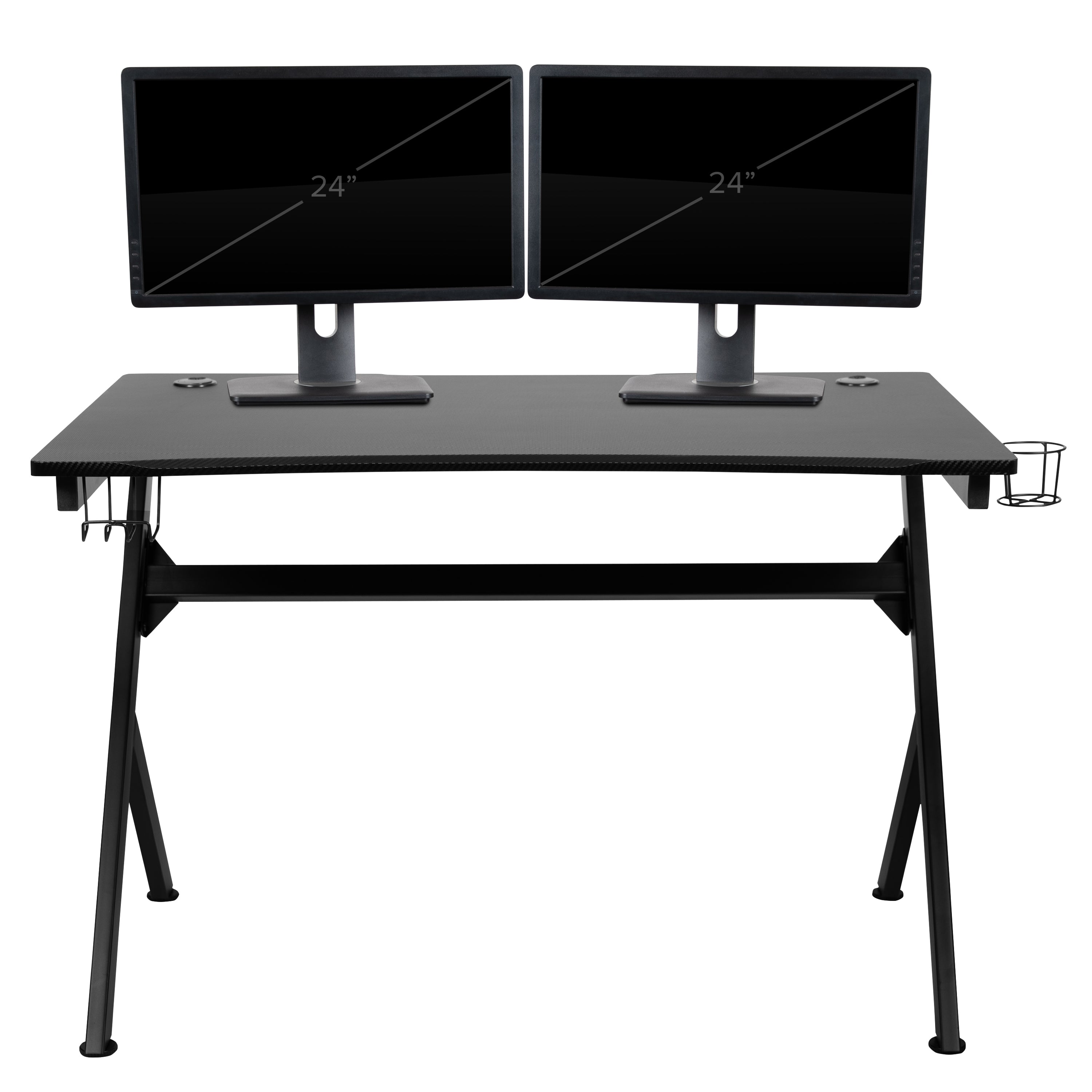 Optis Black Gaming Desk and Blue/Black Reclining Gaming Chair Set with Cup Holder, Headphone Hook & 2 Wire Management Holes