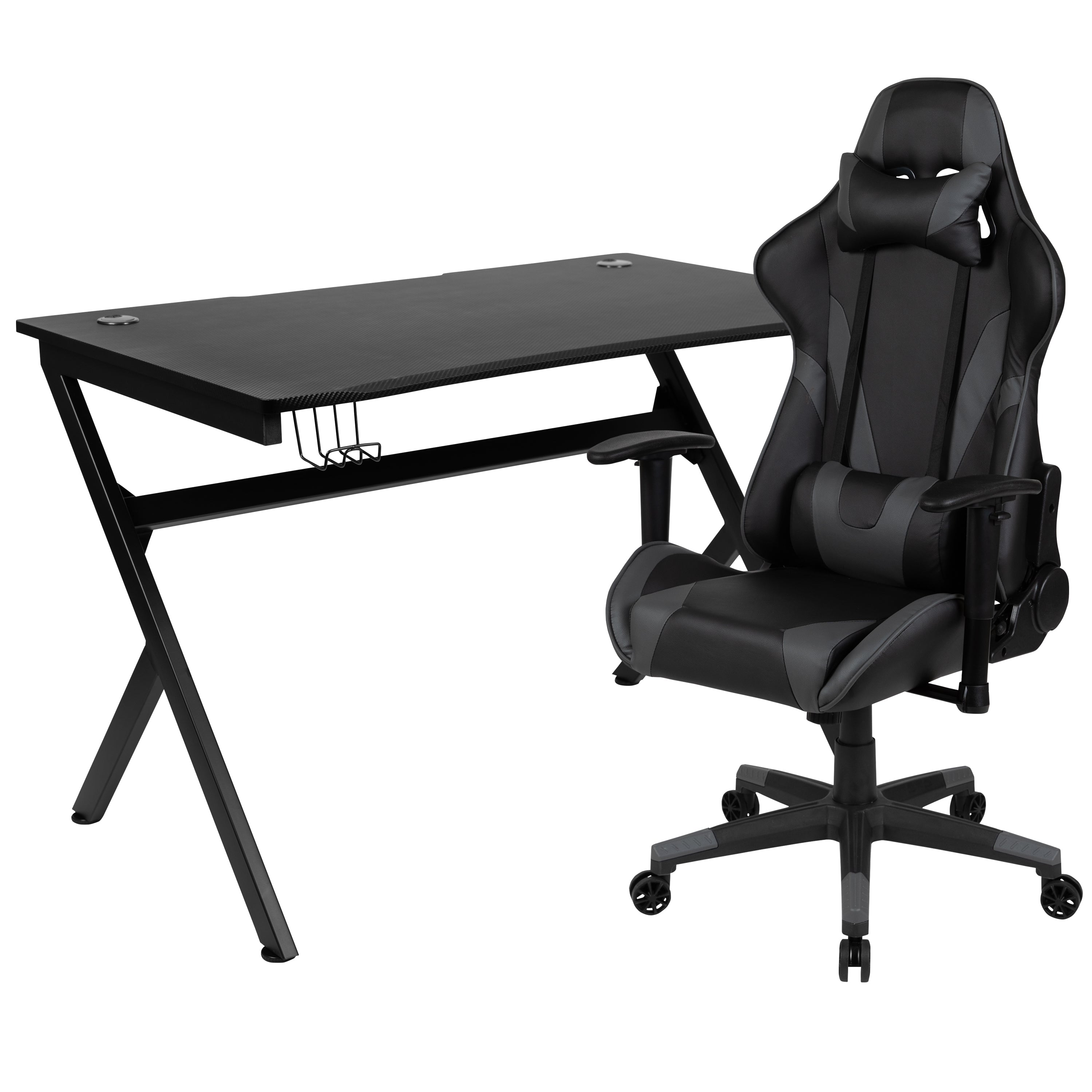 Optis Black Gaming Desk and Gray/Black Reclining Gaming Chair Set with Cup Holder, Headphone Hook & 2 Wire Management Holes