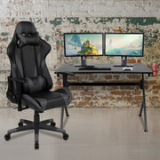 Optis Black Gaming Desk and Gray/Black Reclining Gaming Chair Set with Cup Holder, Headphone Hook & 2 Wire Management Holes