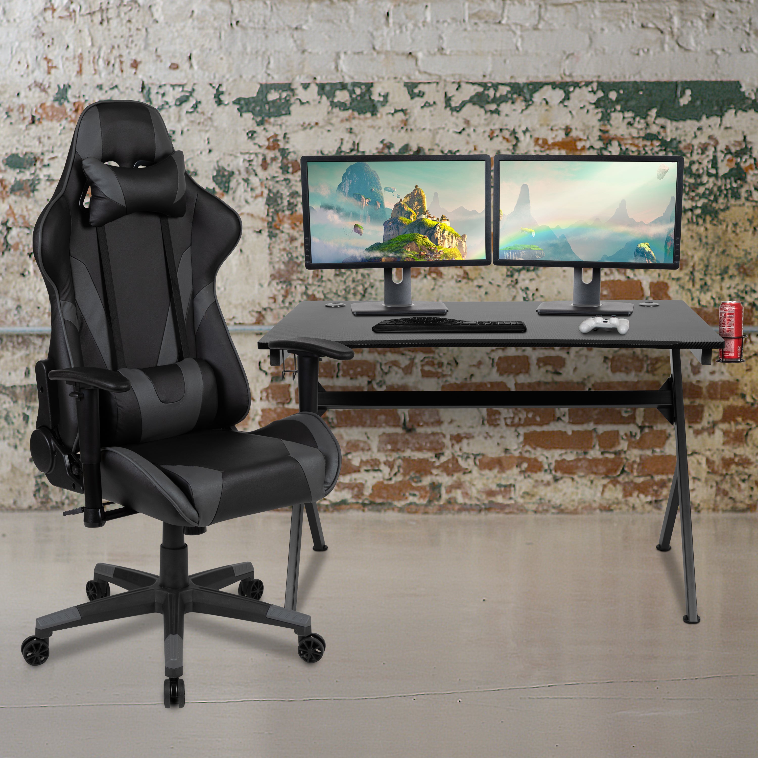 Optis Black Gaming Desk and Gray/Black Reclining Gaming Chair Set with Cup Holder, Headphone Hook & 2 Wire Management Holes