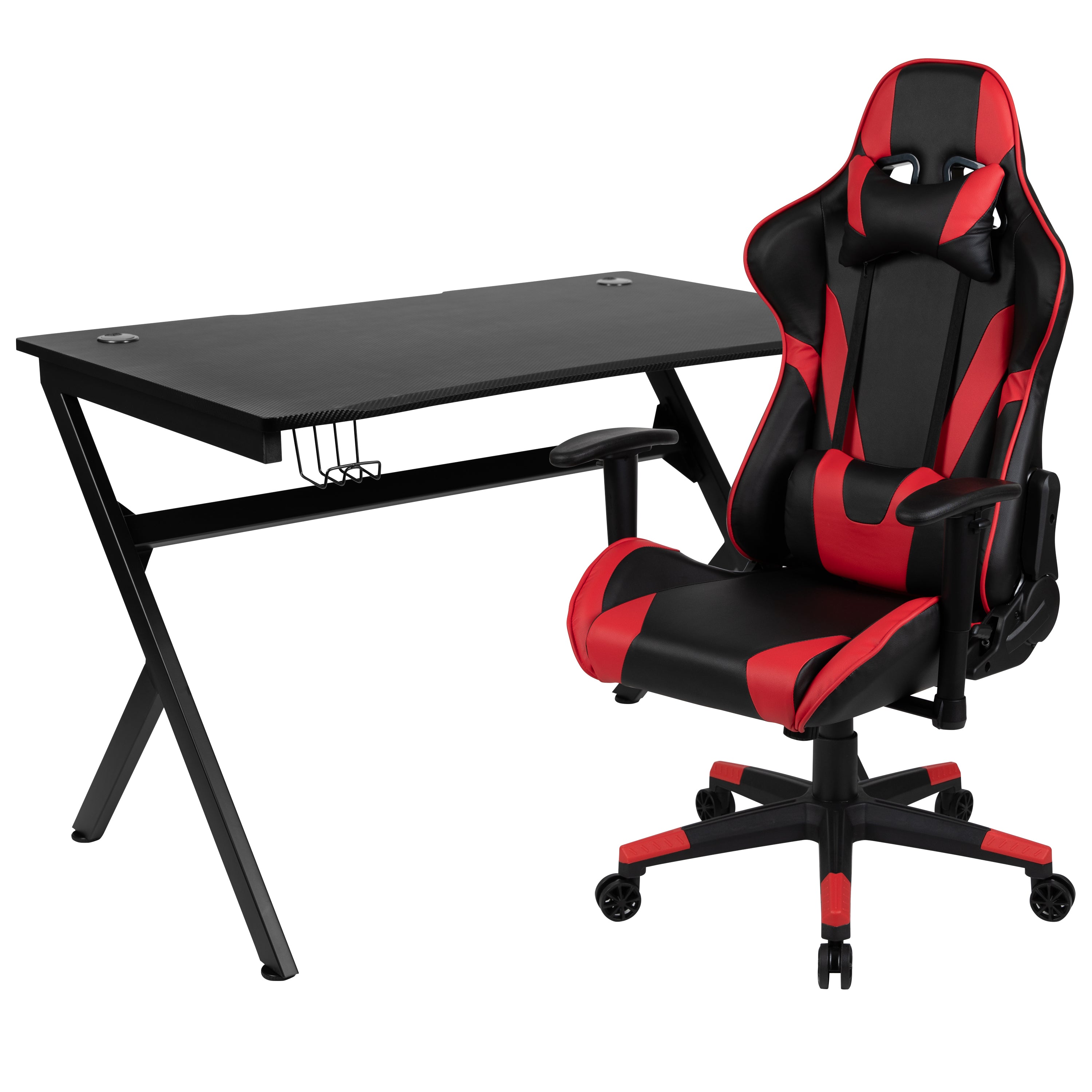 Optis Black Gaming Desk and Red/Black Reclining Gaming Chair Set with Cup Holder, Headphone Hook & 2 Wire Management Holes