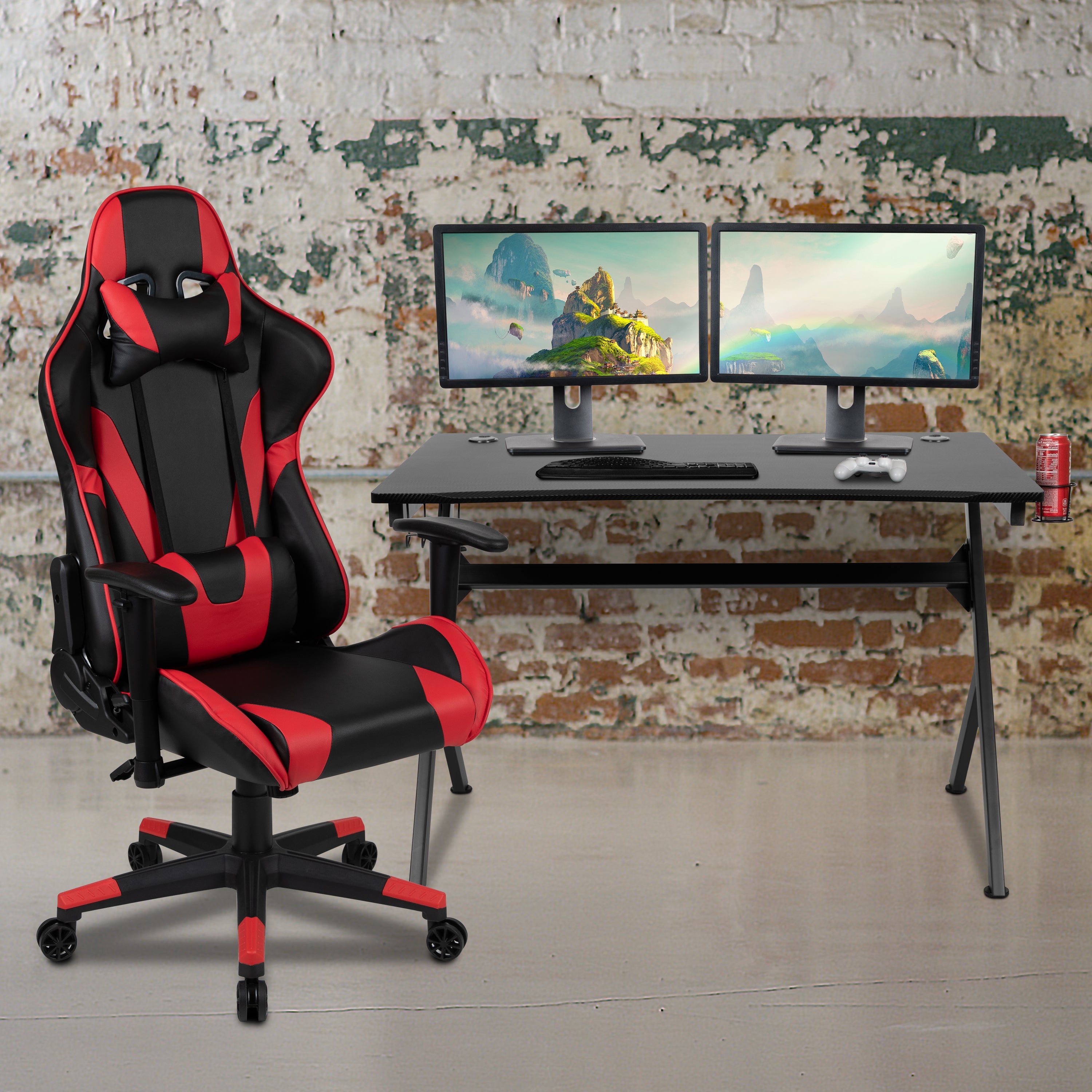 Optis Black Gaming Desk and Red/Black Reclining Gaming Chair Set with Cup Holder, Headphone Hook & 2 Wire Management Holes