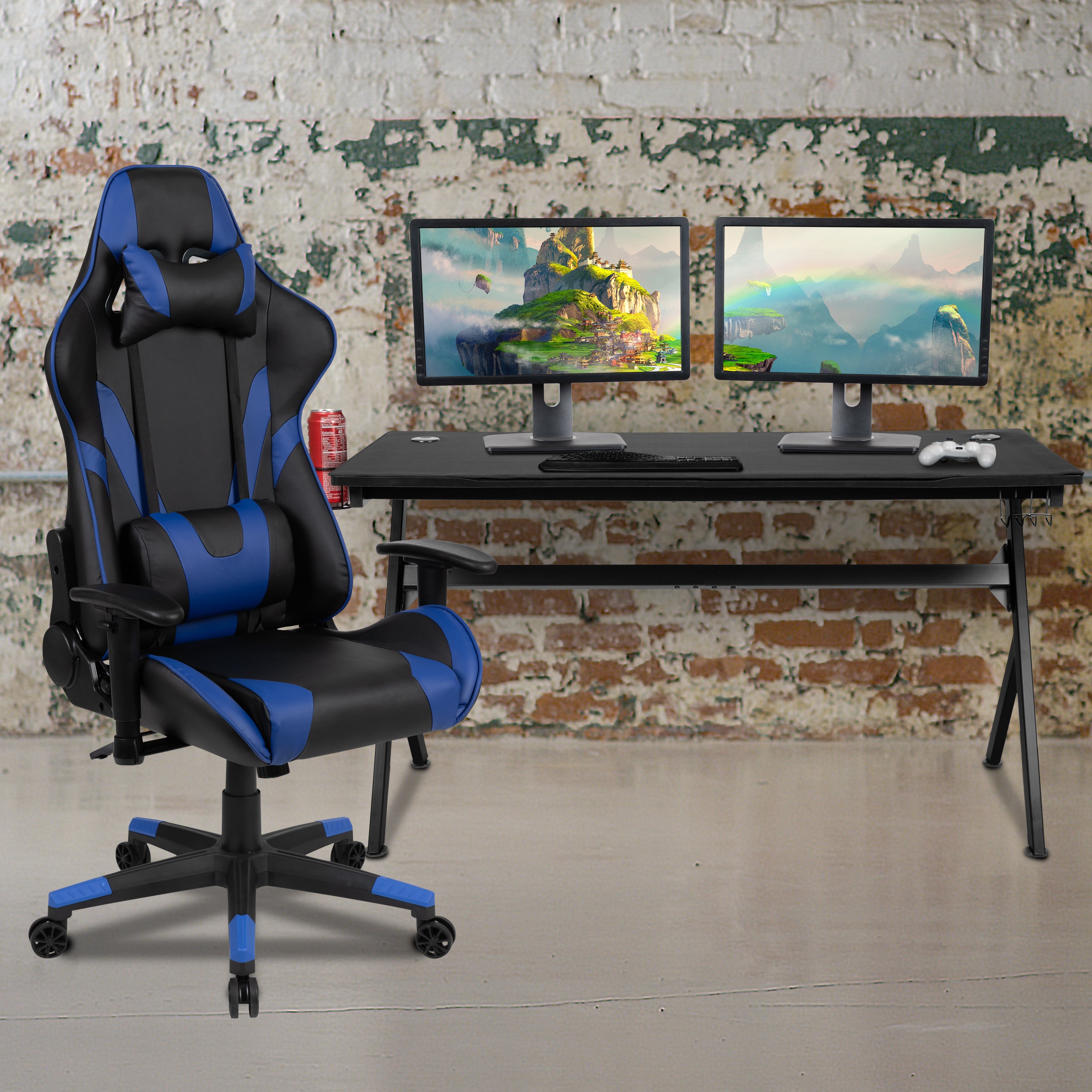 Optis Gaming Desk and Blue/Black Reclining Gaming Chair Set /Cup Holder/Headphone Hook/Removable Mouse Pad Top - Wire Management