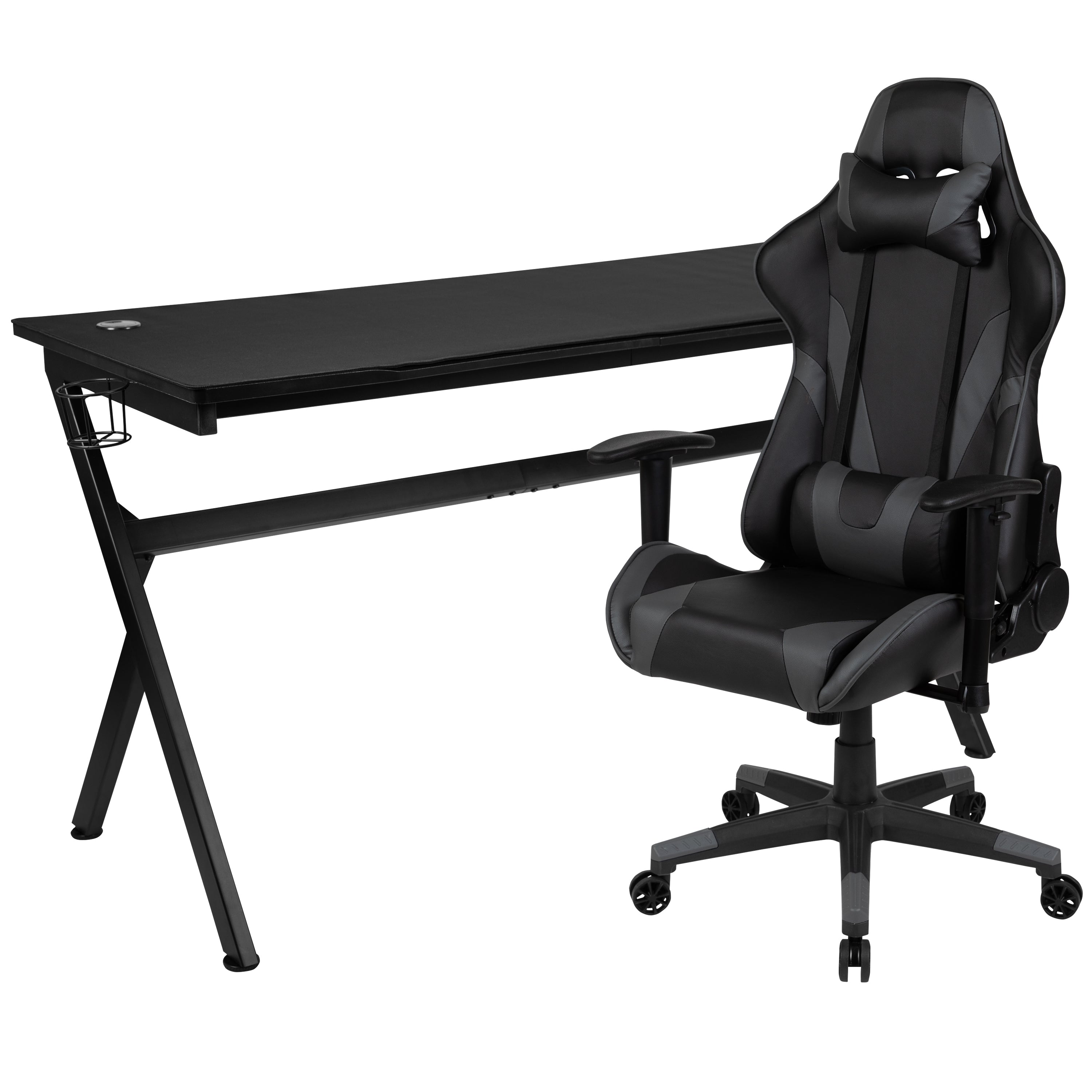 Optis Gaming Desk and Gray/Black Reclining Gaming Chair Set /Cup Holder/Headphone Hook/Removable Mouse Pad Top - Wire Management