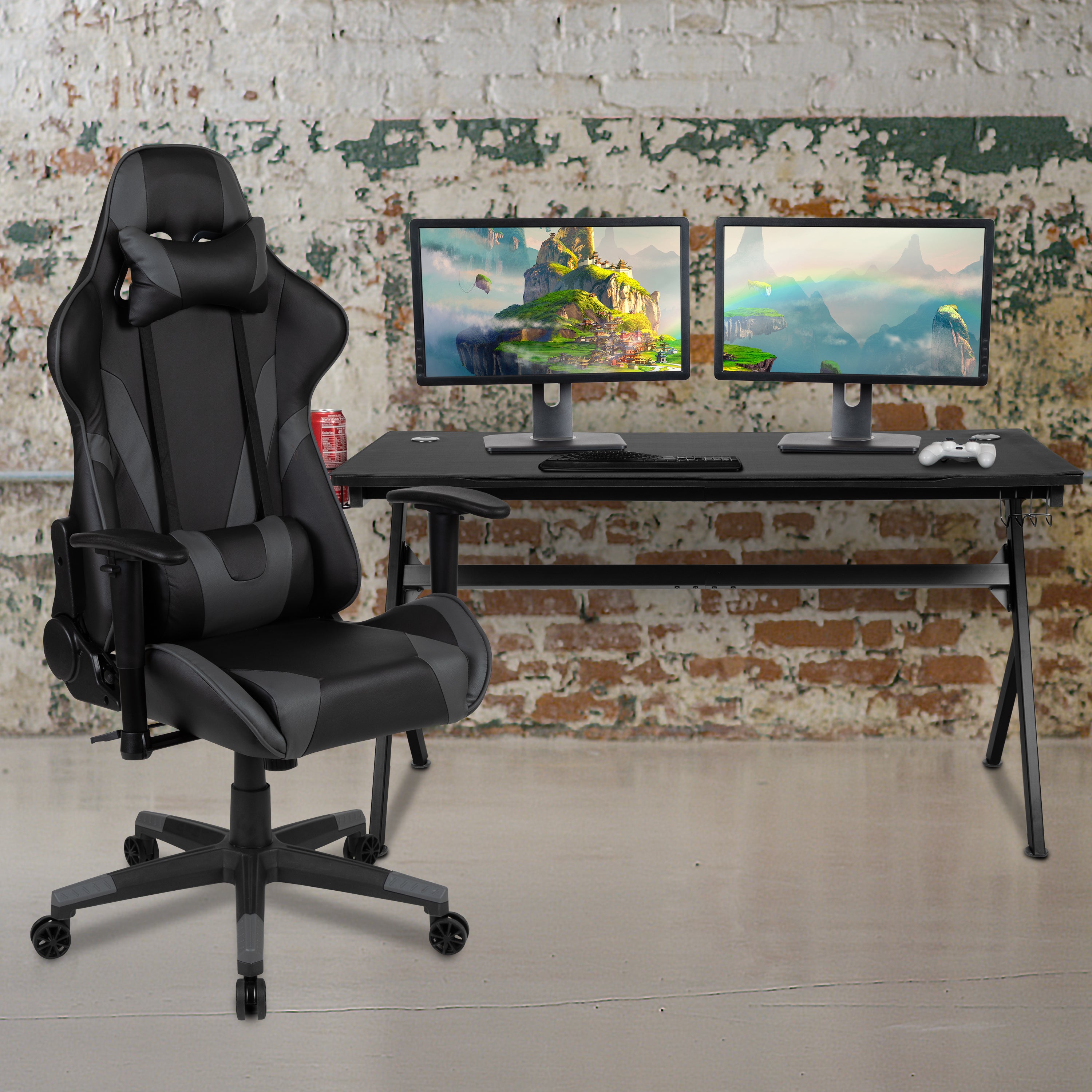 Optis Gaming Desk and Gray/Black Reclining Gaming Chair Set /Cup Holder/Headphone Hook/Removable Mouse Pad Top - Wire Management