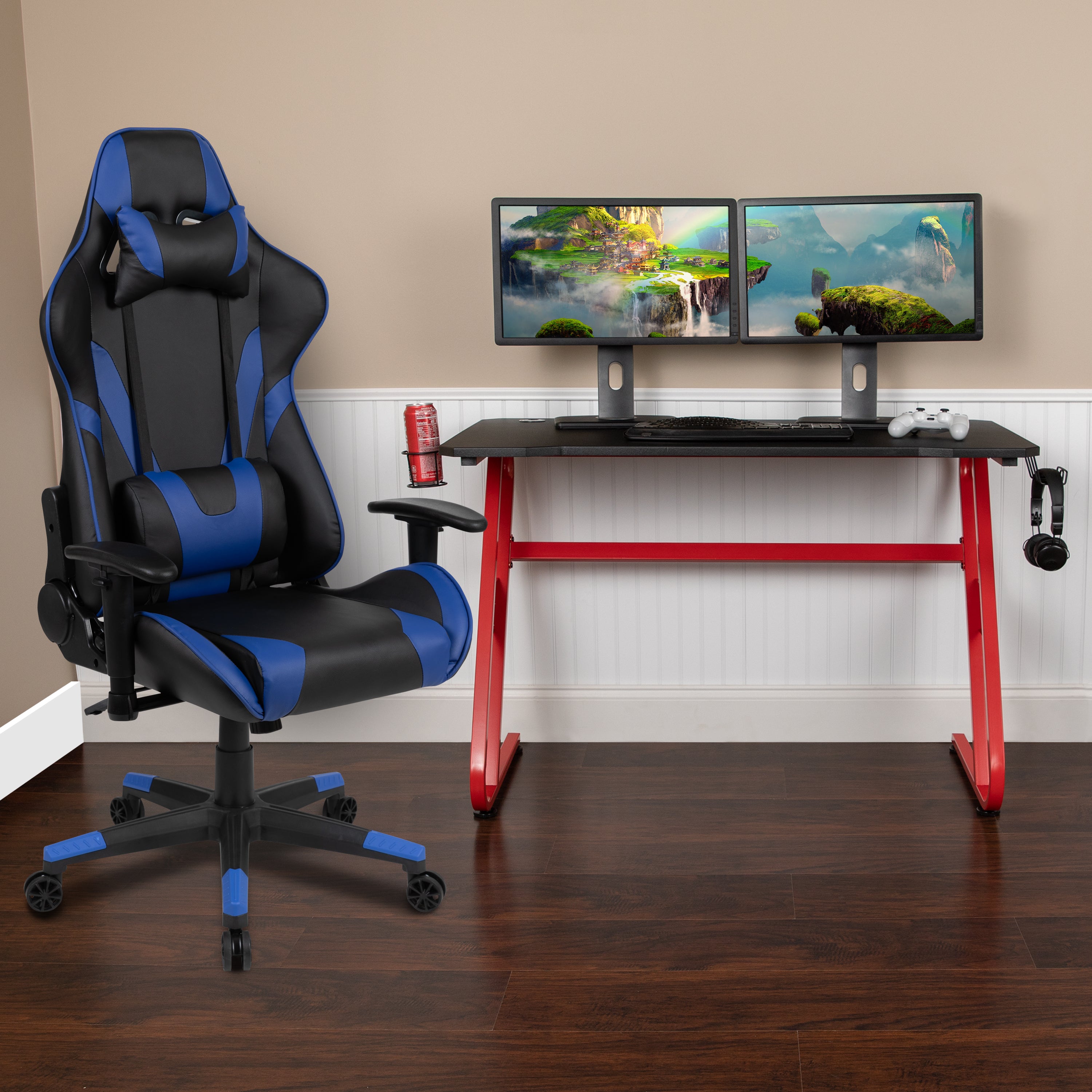 Optis Red Gaming Desk and Blue Reclining Gaming Chair Set with Cup Holder and Headphone Hook
