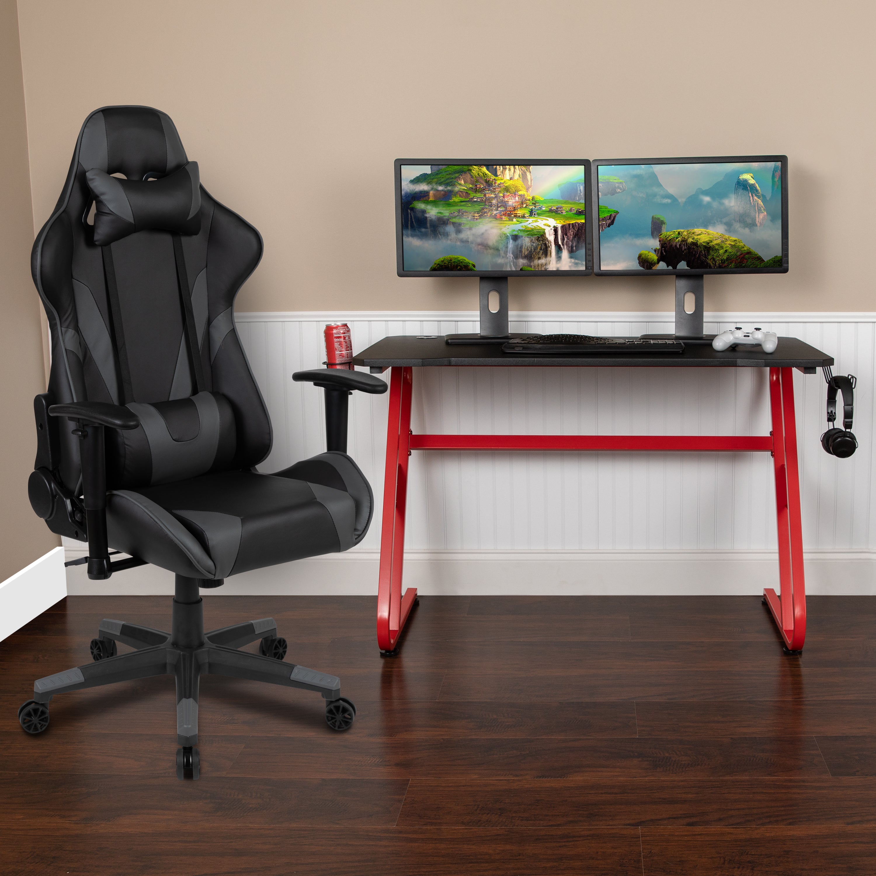 Optis Red Gaming Desk and Gray Reclining Gaming Chair Set with Cup Holder and Headphone Hook