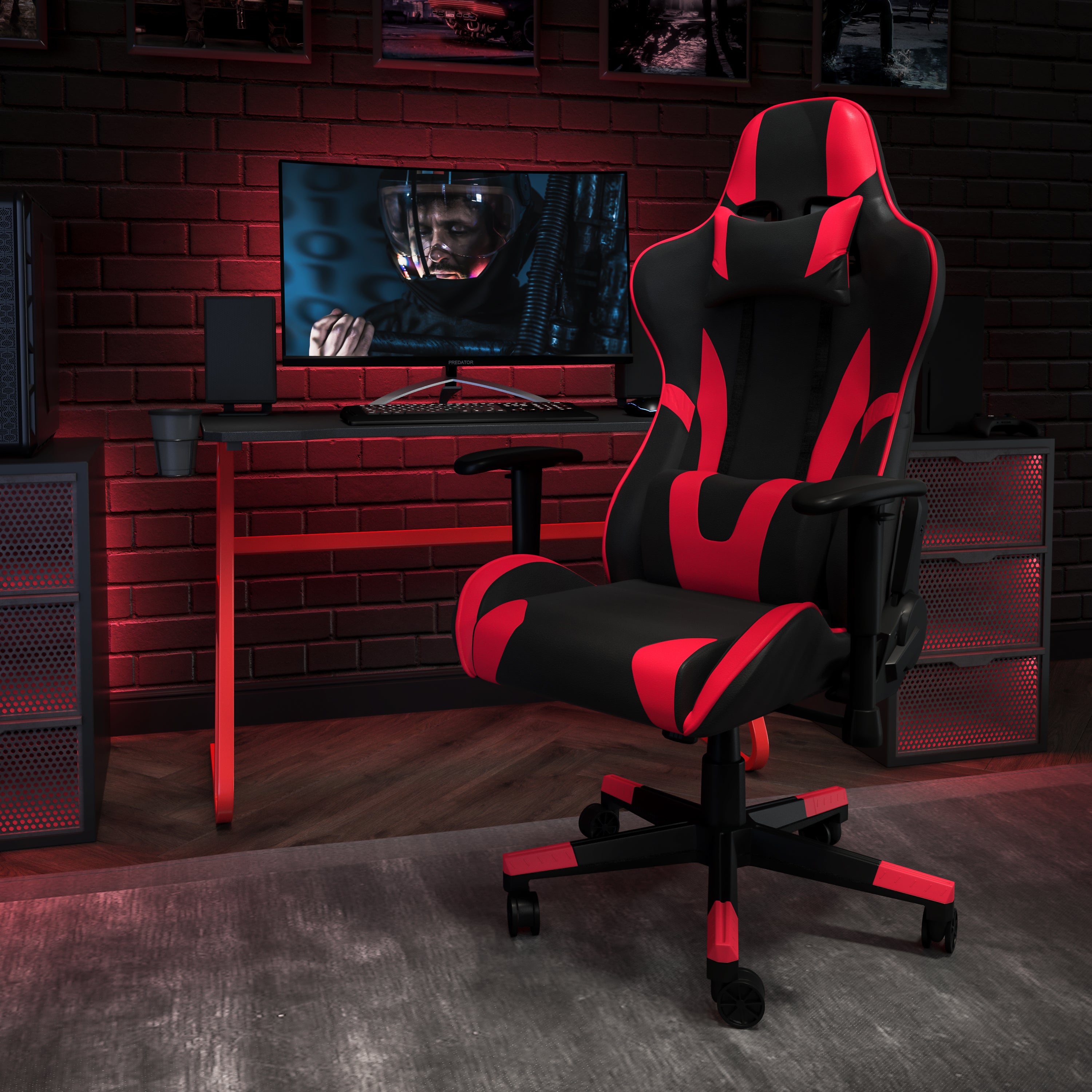 Optis Red Gaming Desk and Red/Black Reclining Gaming Chair Set with Cup Holder and Headphone Hook