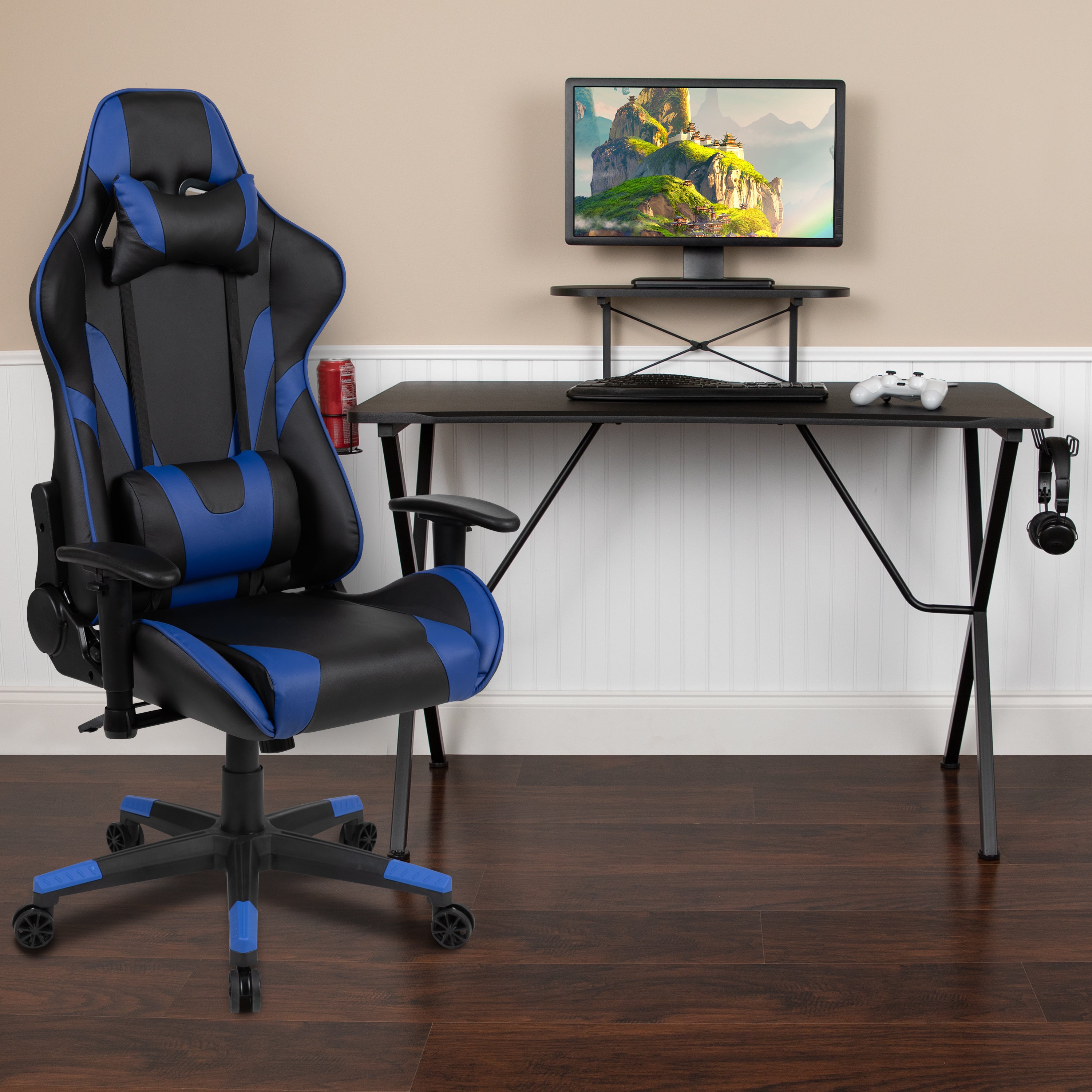 Optis Black Gaming Desk and Blue Reclining Gaming Chair Set with Cup Holder, Headphone Hook, and Monitor/Smartphone Stand