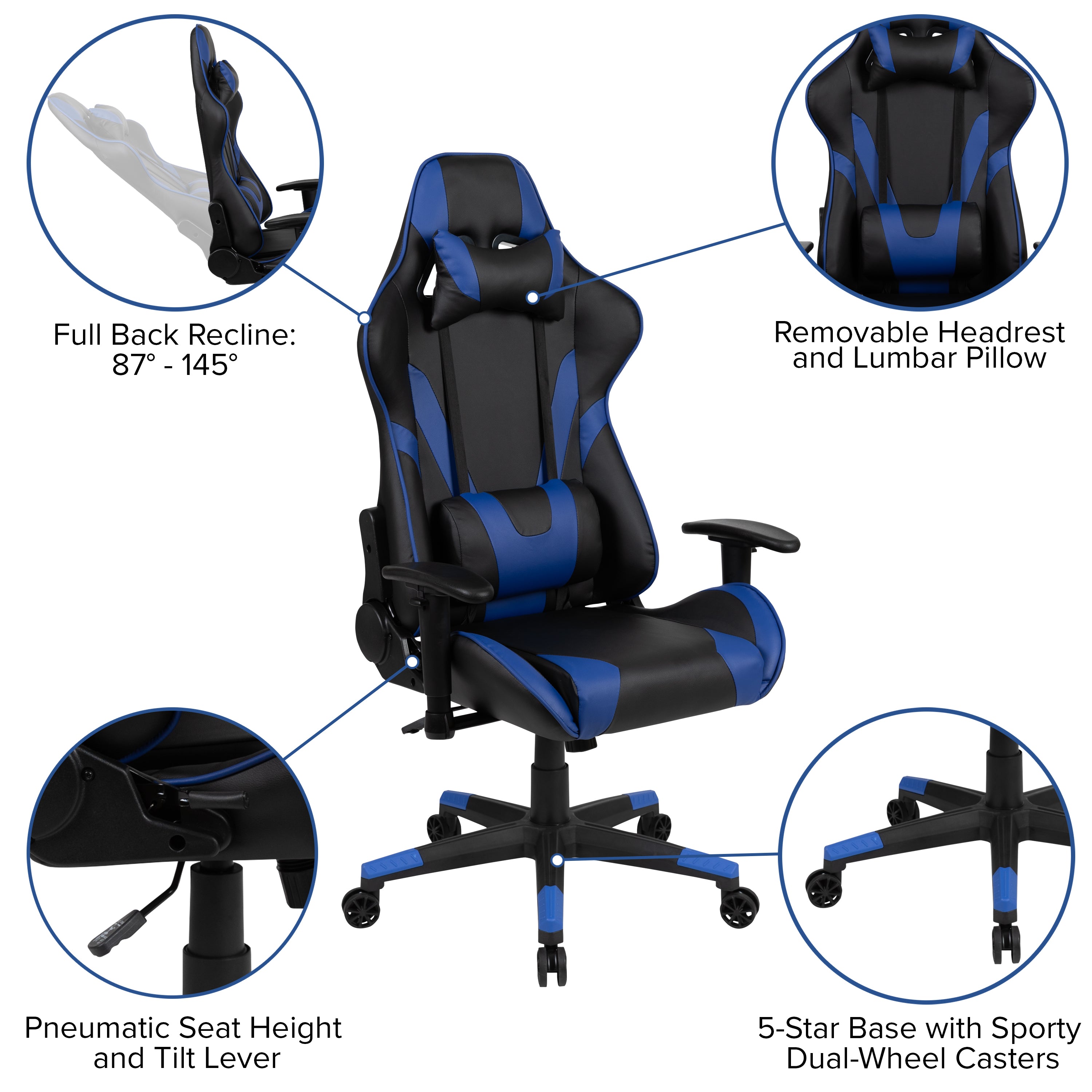 Optis Black Gaming Desk and Blue Reclining Gaming Chair Set with Cup Holder, Headphone Hook, and Monitor/Smartphone Stand