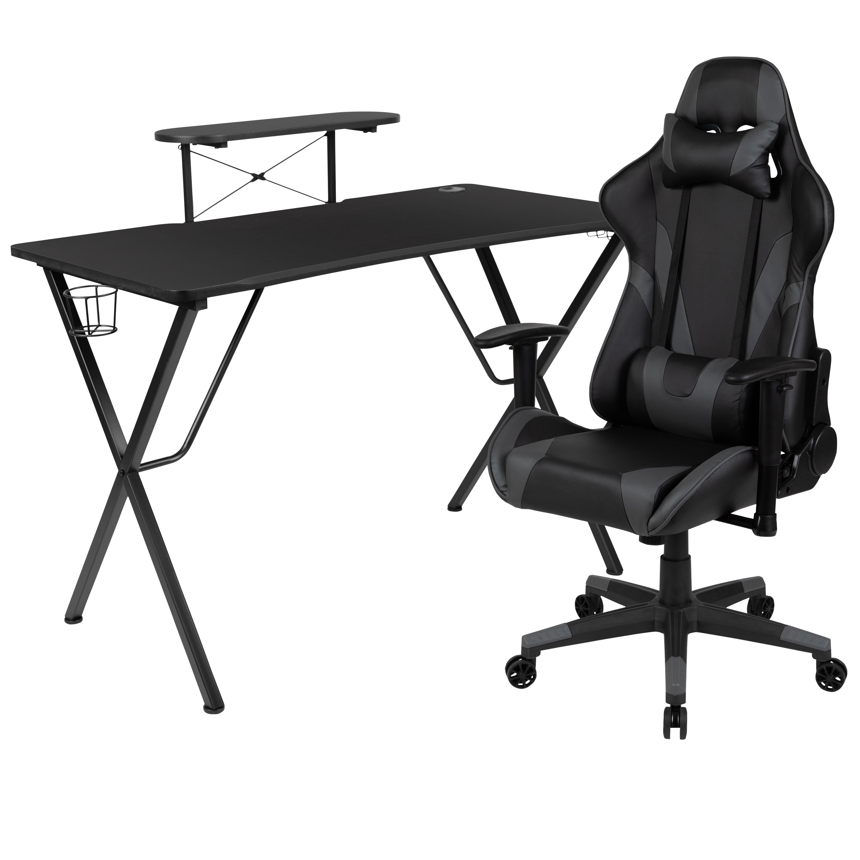 Optis Black Gaming Desk and Gray Reclining Gaming Chair Set with Cup Holder, Headphone Hook, and Monitor/Smartphone Stand