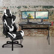 Optis Black Gaming Desk and Black Footrest Reclining Gaming Chair Set with Cup Holder, Headphone Hook & 2 Wire Management Holes
