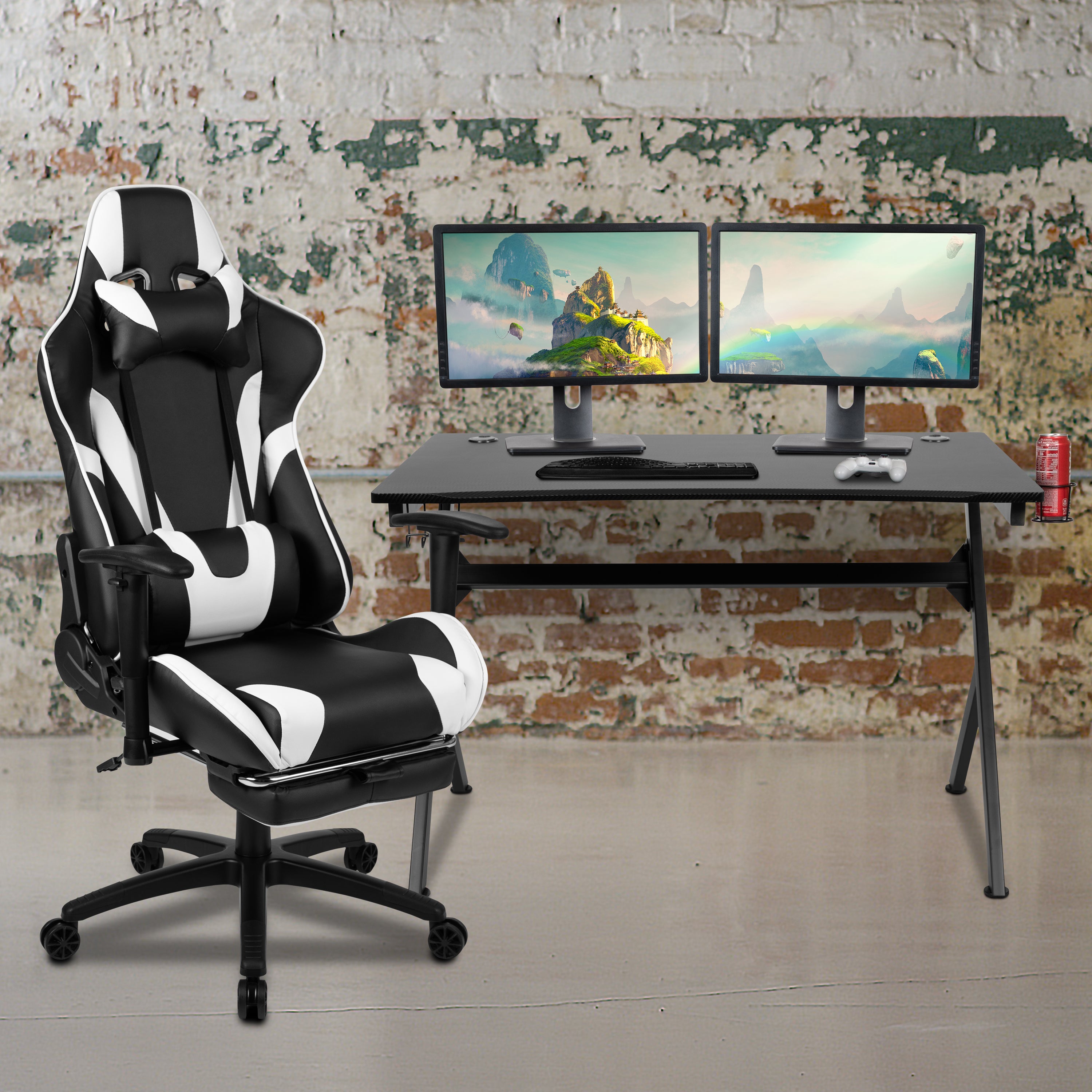 Optis Black Gaming Desk and Black Footrest Reclining Gaming Chair Set with Cup Holder, Headphone Hook & 2 Wire Management Holes