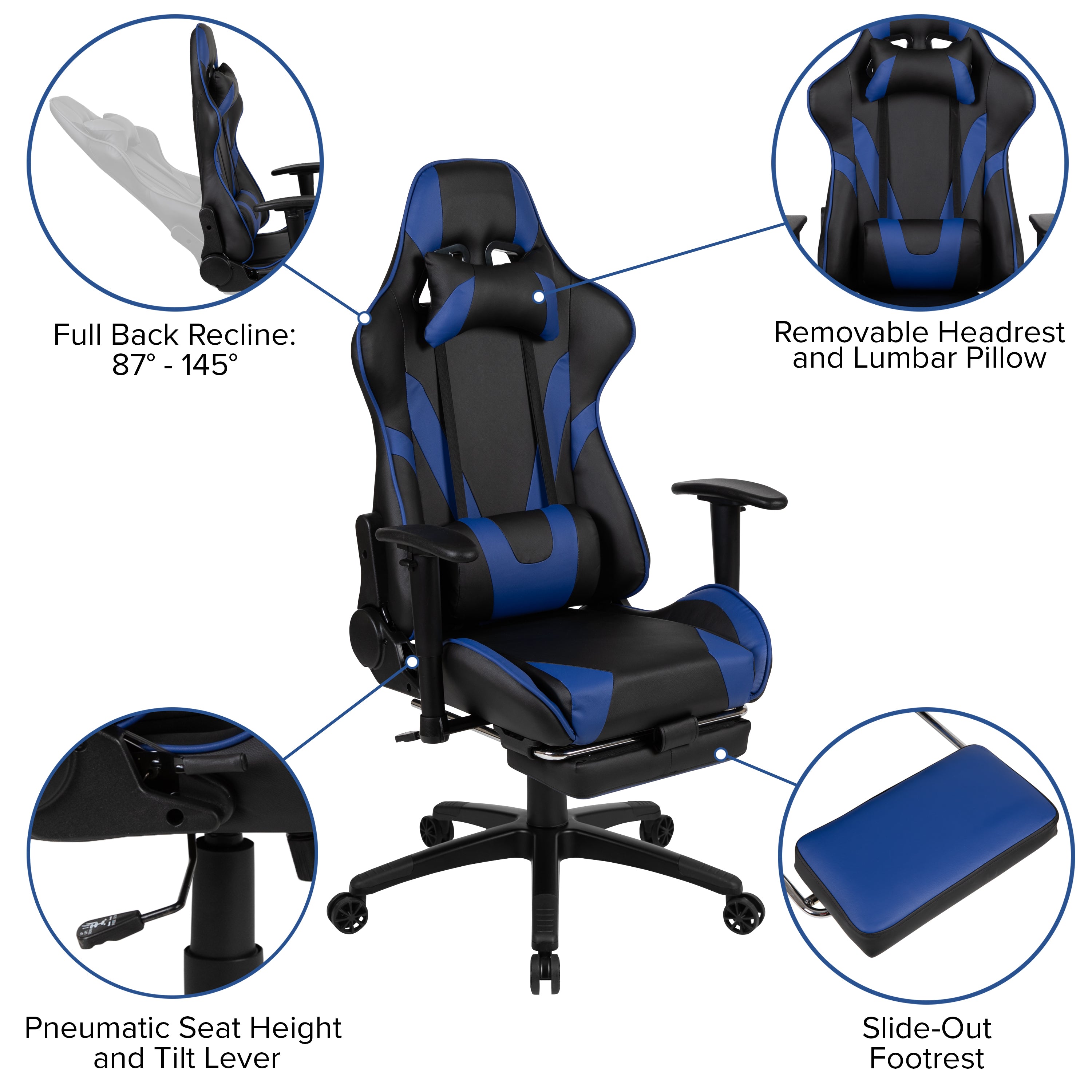 Optis Black Gaming Desk and Blue Footrest Reclining Gaming Chair Set with Cup Holder, Headphone Hook & 2 Wire Management Holes