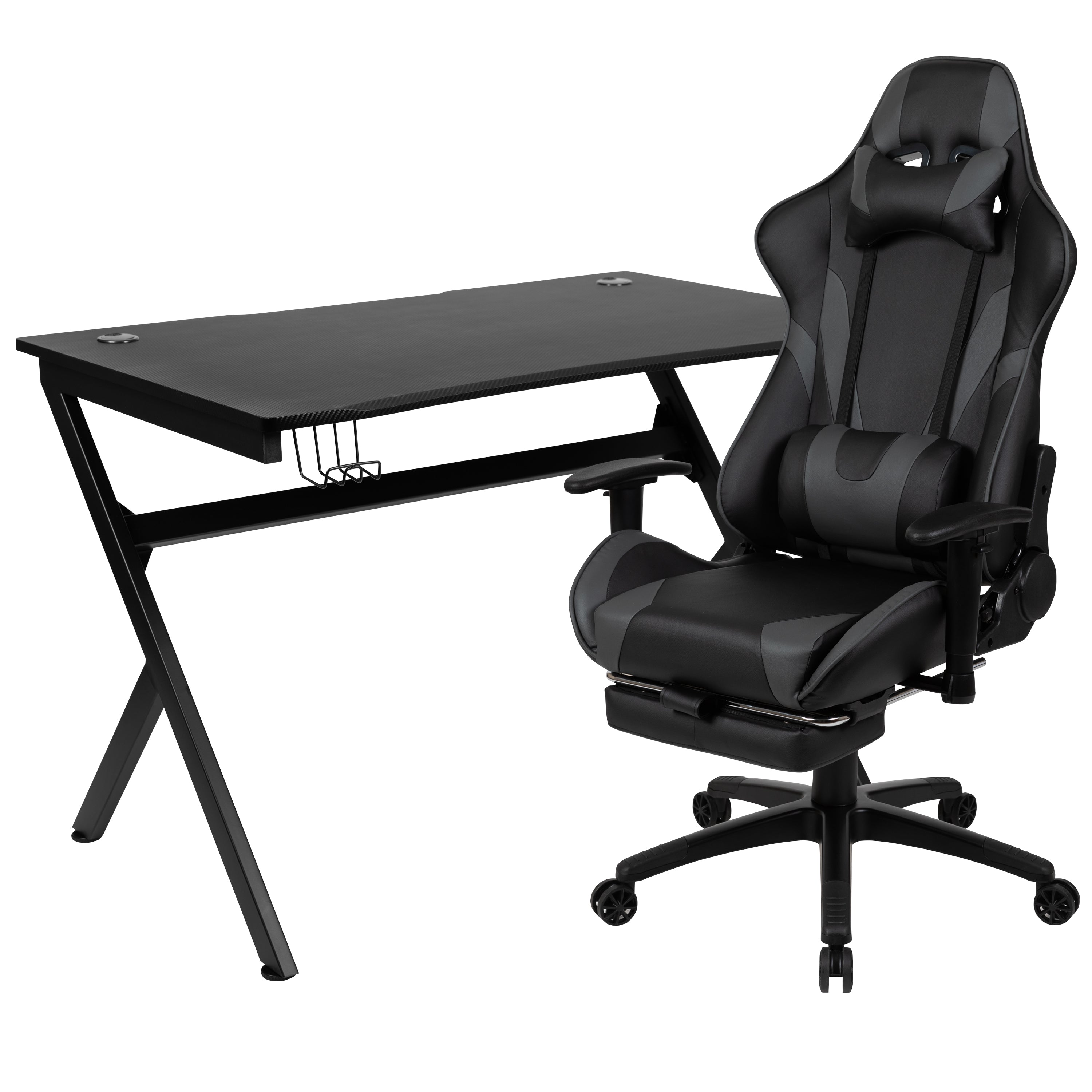 Optis Black Gaming Desk and Gray Footrest Reclining Gaming Chair Set with Cup Holder, Headphone Hook & 2 Wire Management Holes
