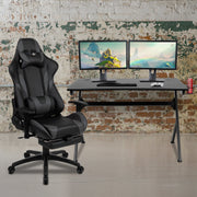Optis Black Gaming Desk and Gray Footrest Reclining Gaming Chair Set with Cup Holder, Headphone Hook & 2 Wire Management Holes
