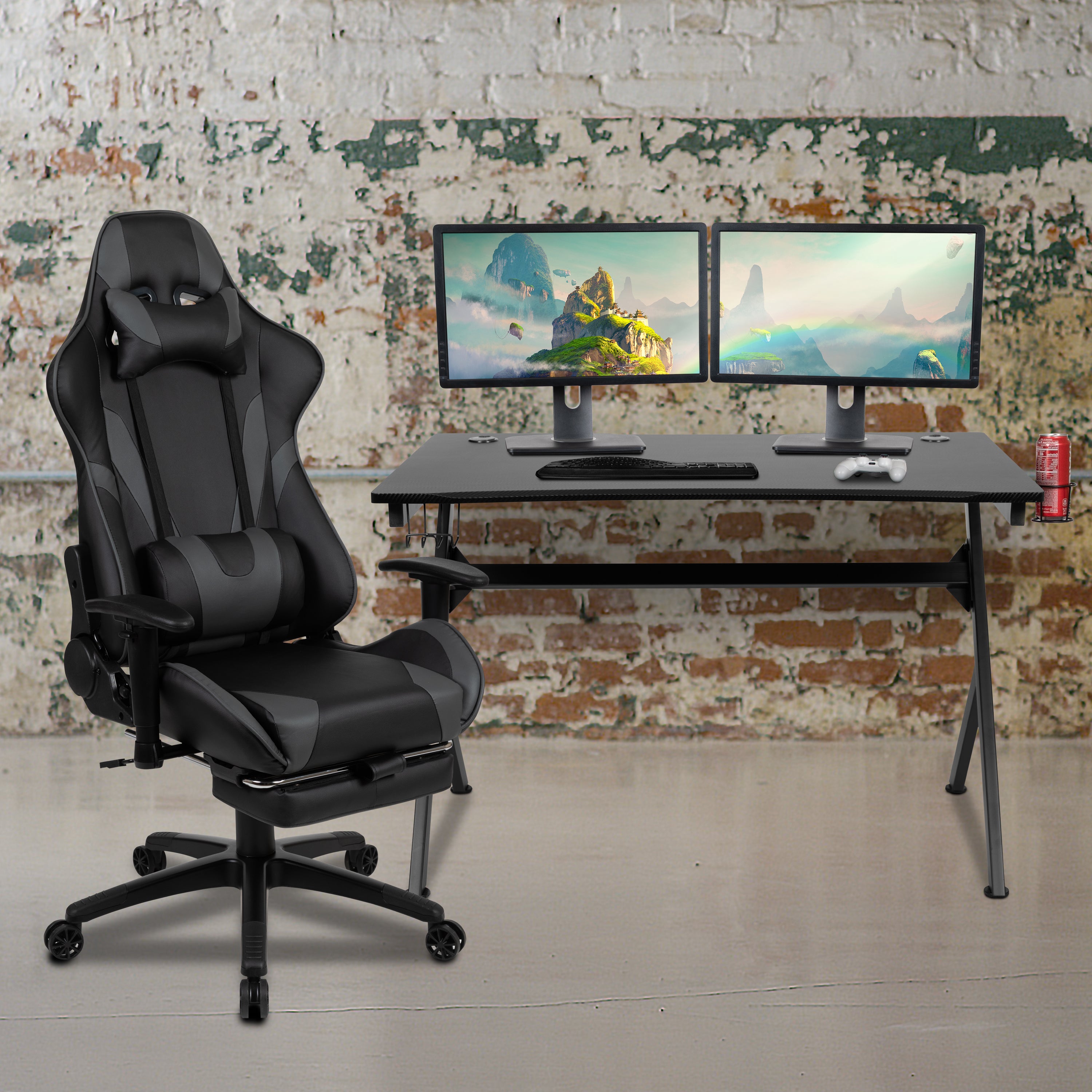 Optis Black Gaming Desk and Gray Footrest Reclining Gaming Chair Set with Cup Holder, Headphone Hook & 2 Wire Management Holes