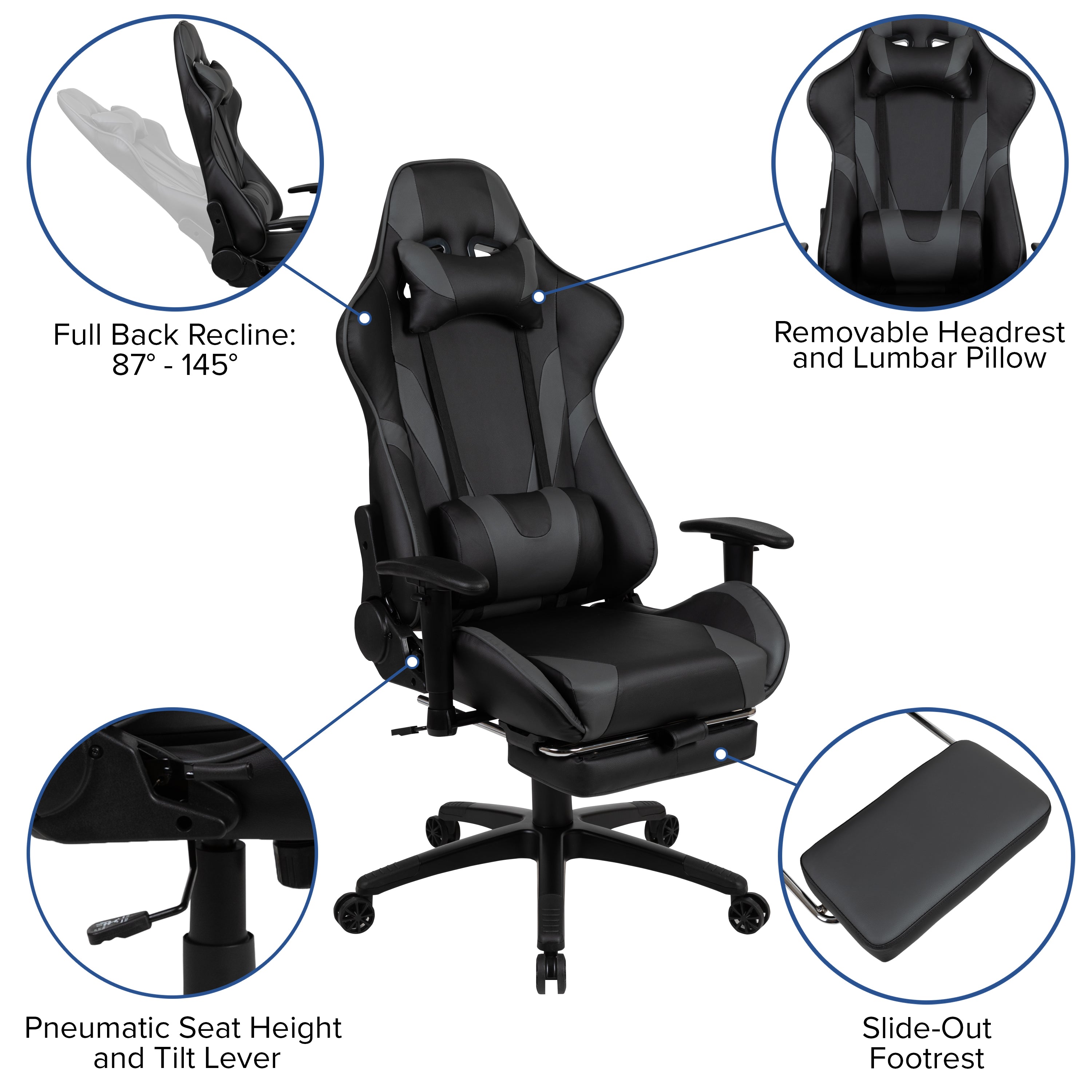 Optis Black Gaming Desk and Gray Footrest Reclining Gaming Chair Set with Cup Holder, Headphone Hook & 2 Wire Management Holes