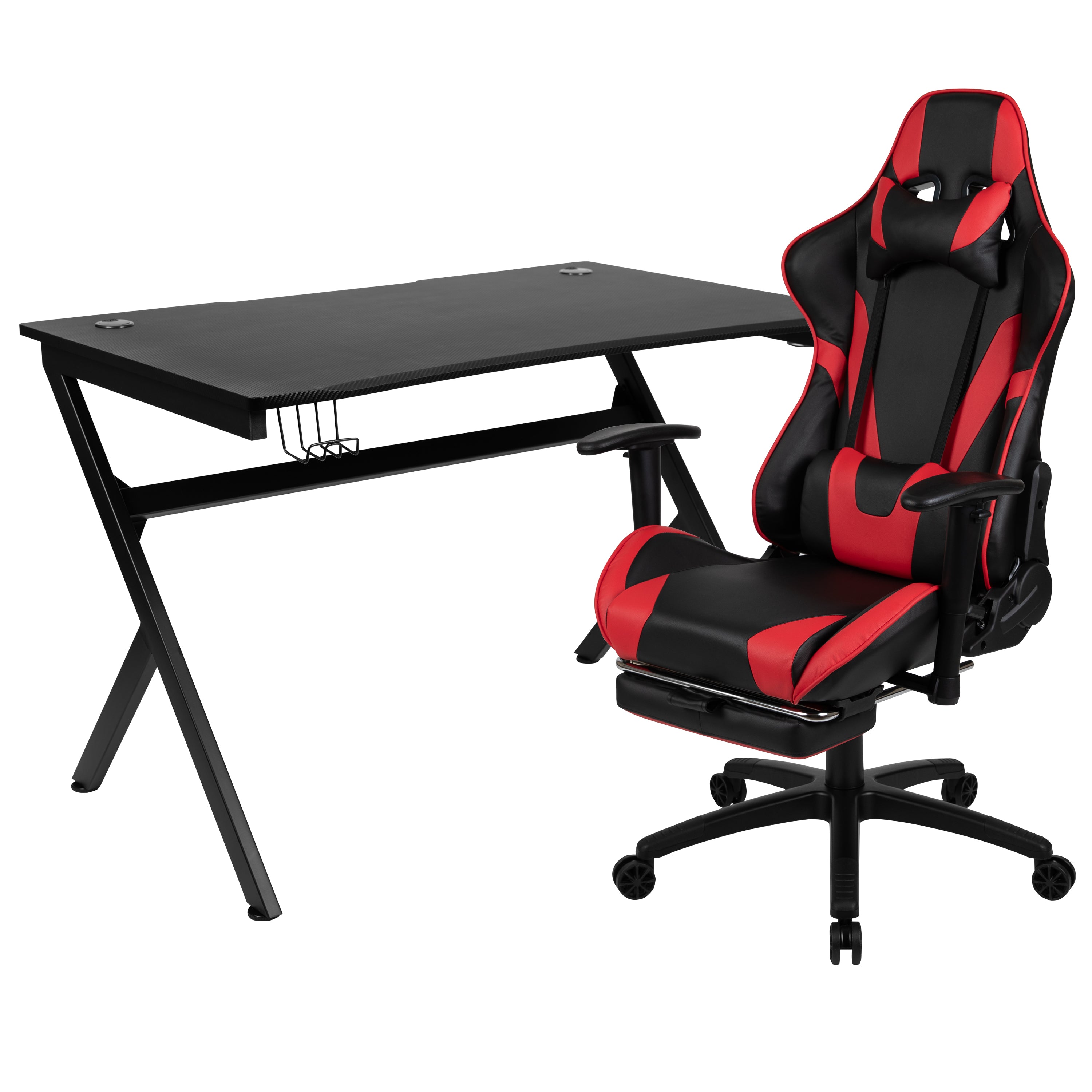 Optis Black Gaming Desk and Red/Black Footrest Reclining Gaming Chair Set with Cup Holder, Headphone Hook & 2 Wire Management Holes