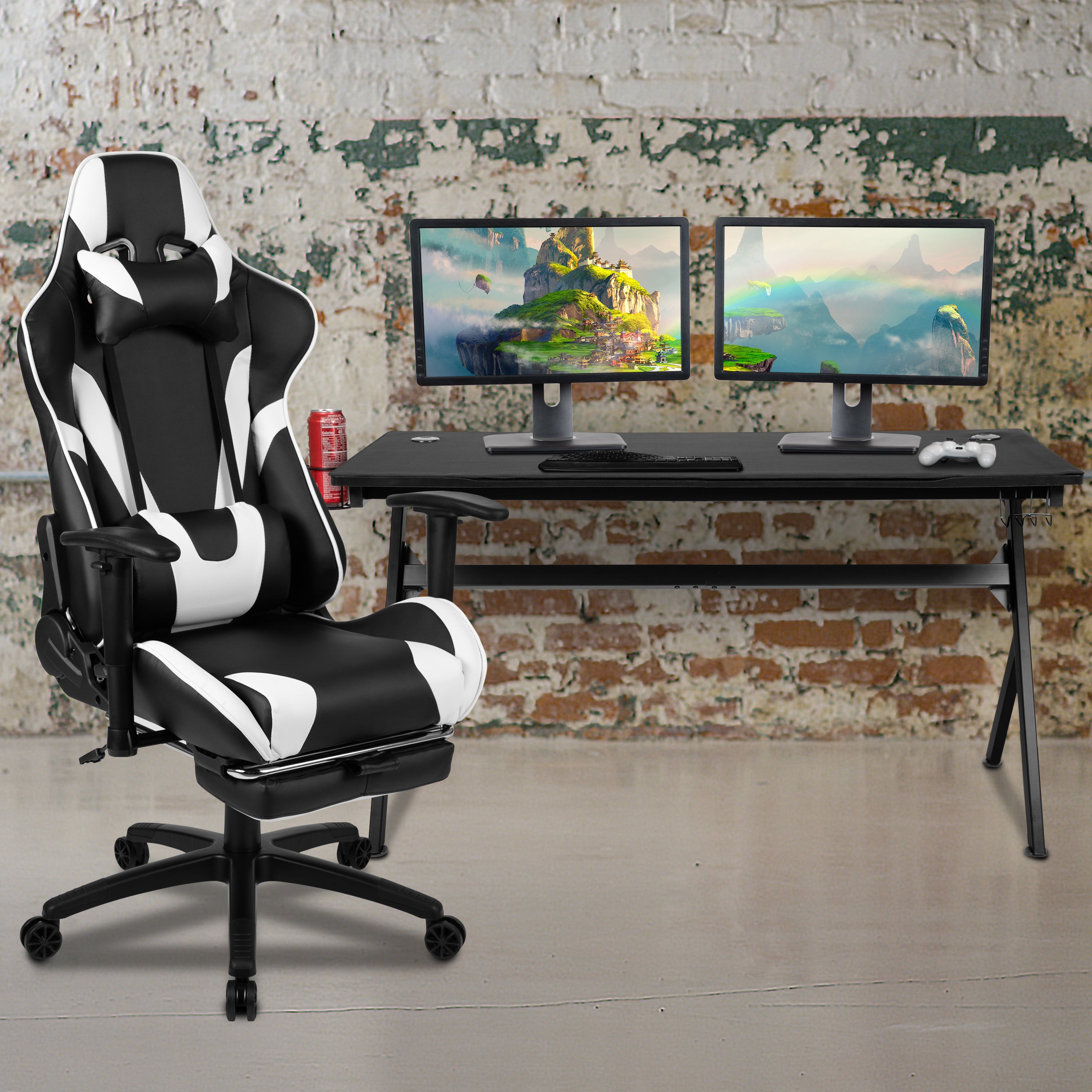 Optis Gaming Desk and Black Footrest Reclining Gaming Chair Set - Cup Holder/Headphone Hook/Removable Mouse Pad Top/Wire Management